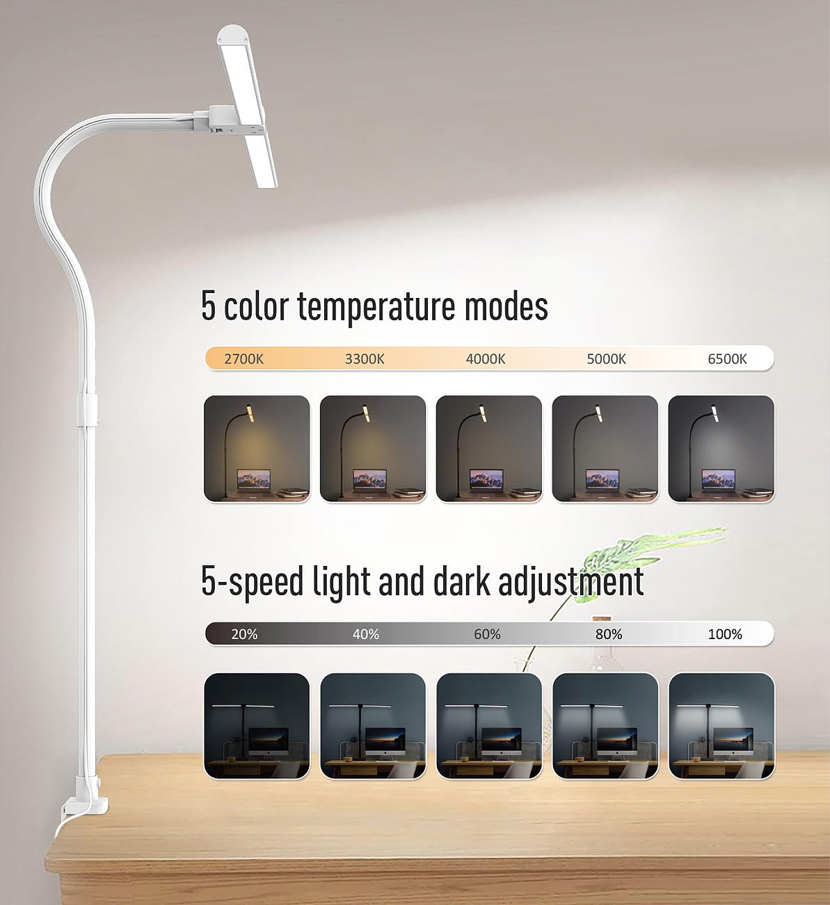 Lampada LED da scrivania per monitor a doppia testa con morsetto, 1.000 lm, bianca