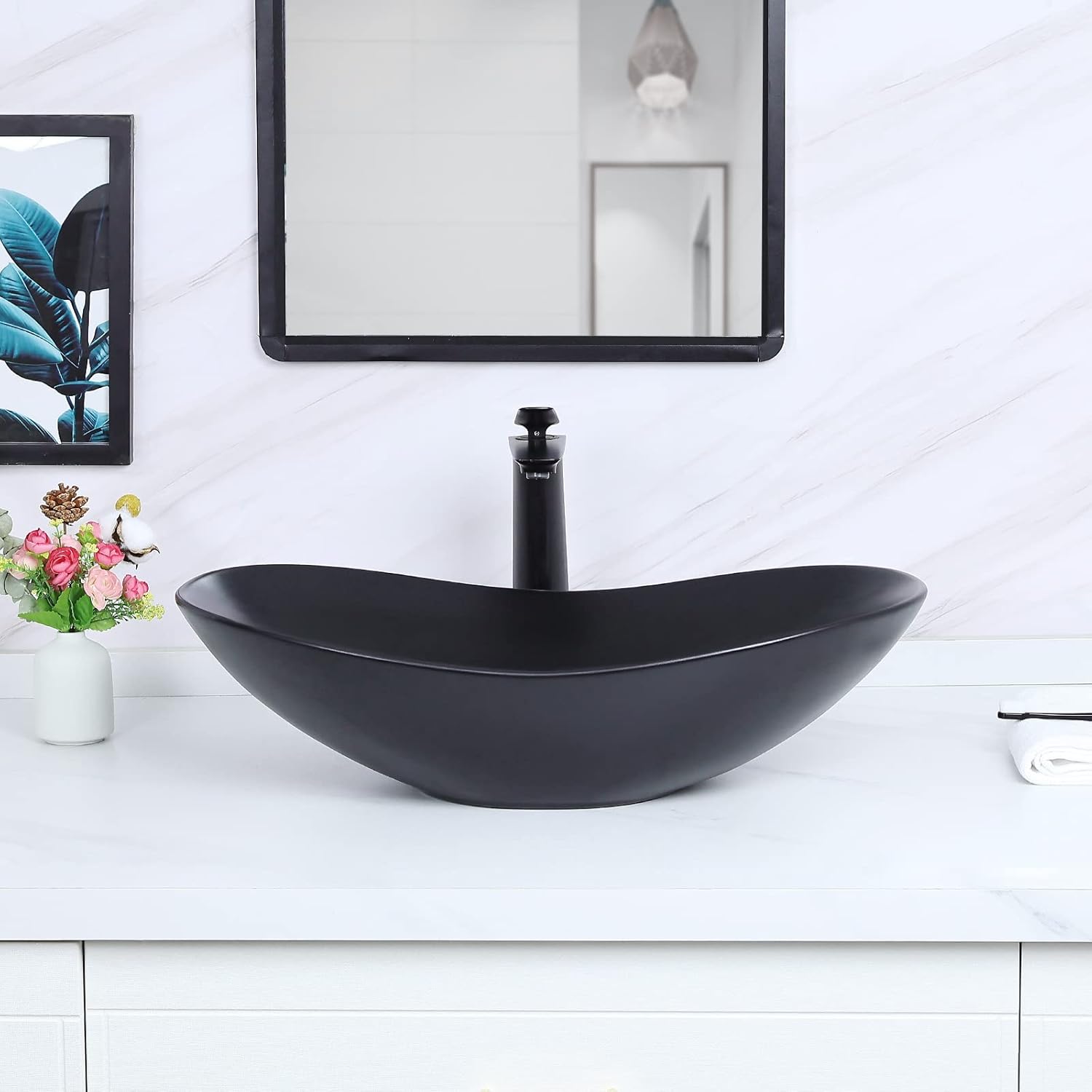 Davivy 24.5'' X 13.8'' Large Matte Black Oval Vessel Sink with Pop Up Drain,Boat Shape Bathroom Vessel Sink,Bathroom Sinks Above Counter,Matte Black Ceramic Vessel Sinks for Bathrooms (Large)