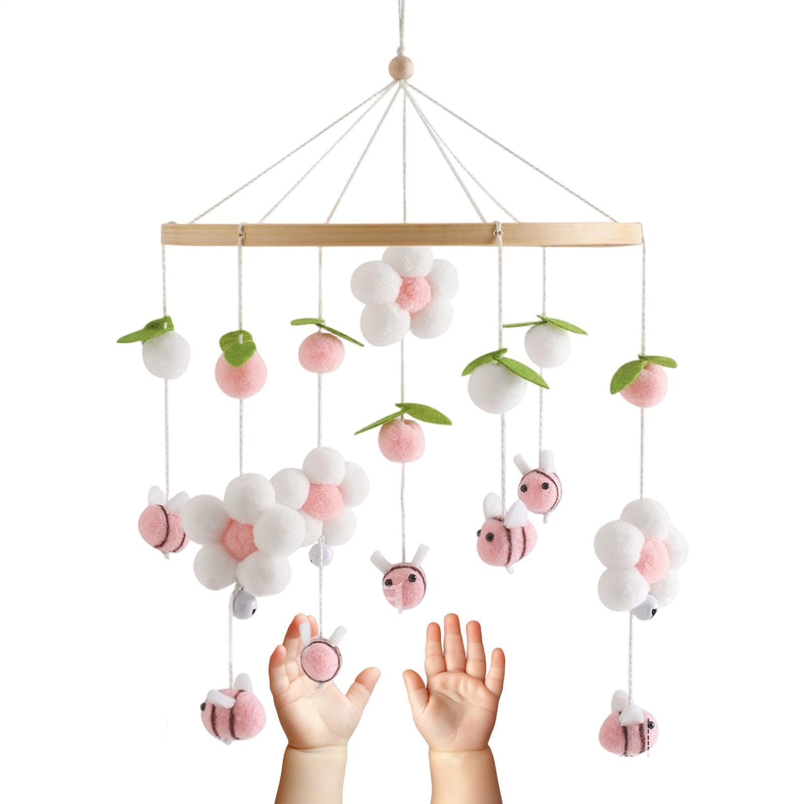 Móvil de cuna de madera con pompones y flores para bebés 8