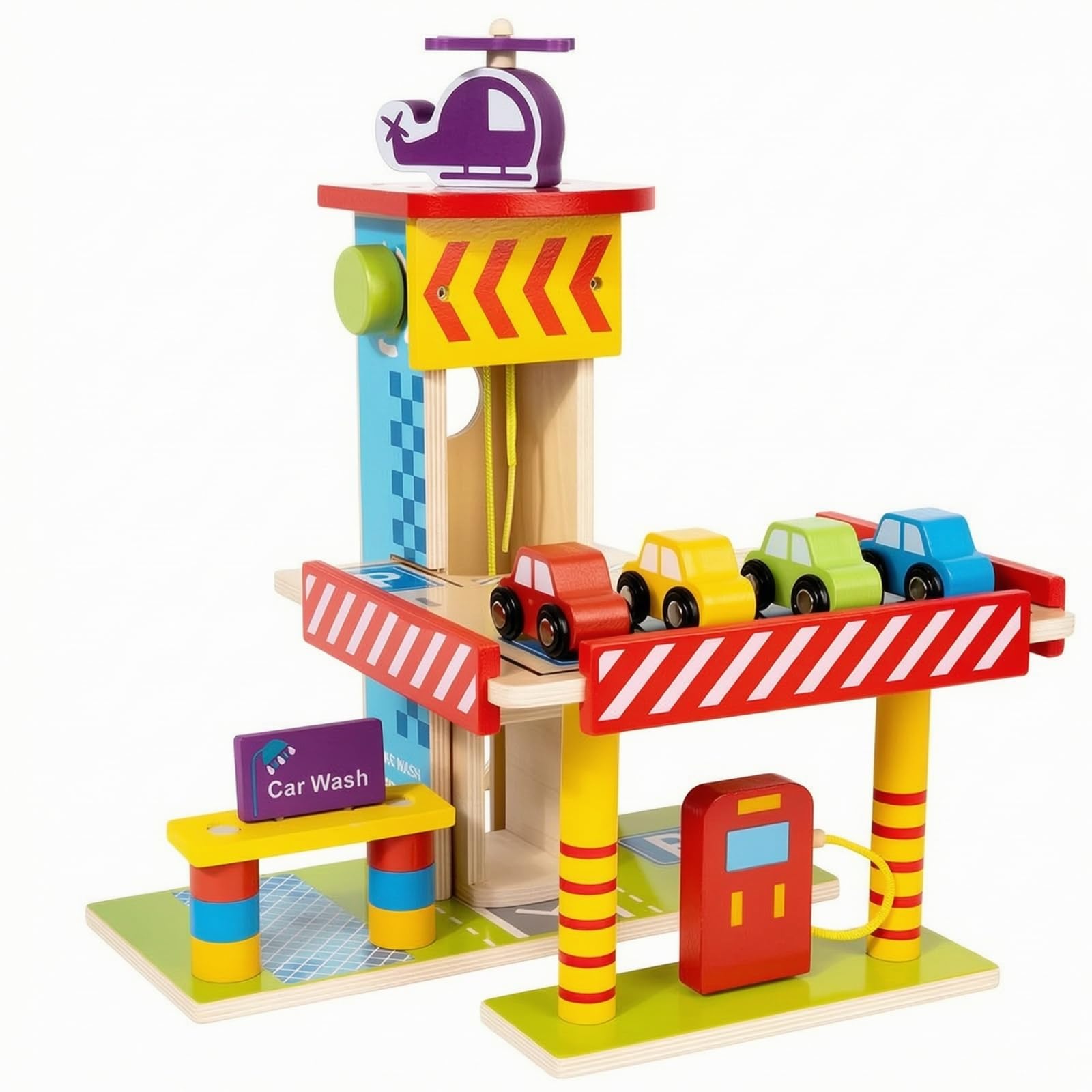 Colcolo Centro Parcheggio Giocattolo per Bambini Colorato Set di Gioco Giocattolo e Elicottero Regalo di Compleanno Garage in Legno