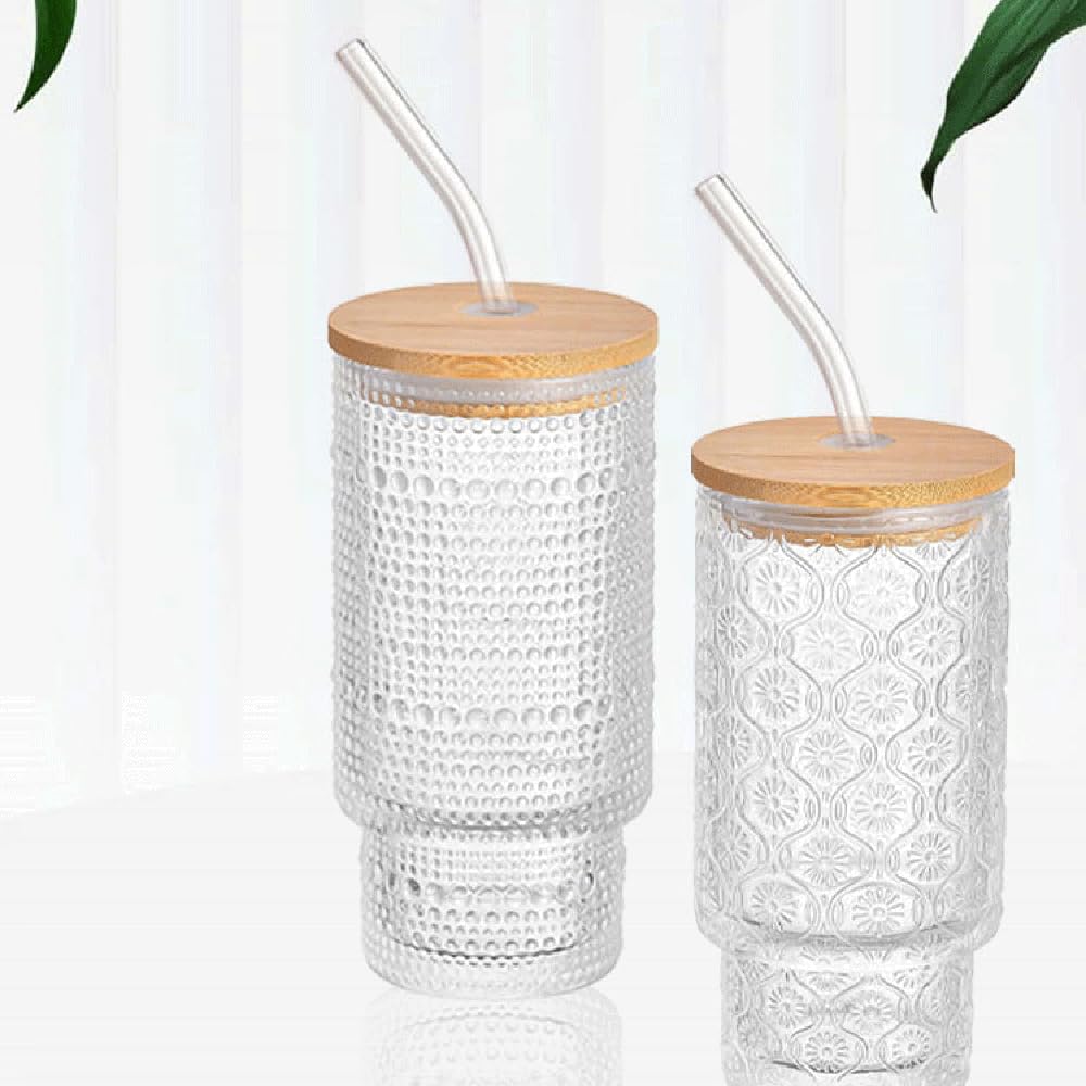Lot de 4 gobelets empilables en verre texturé avec couvercles et pailles en bambou, 320 ml - Tasses à café glacé réutilisables pour cuisine/fête/maison, peu encombrant