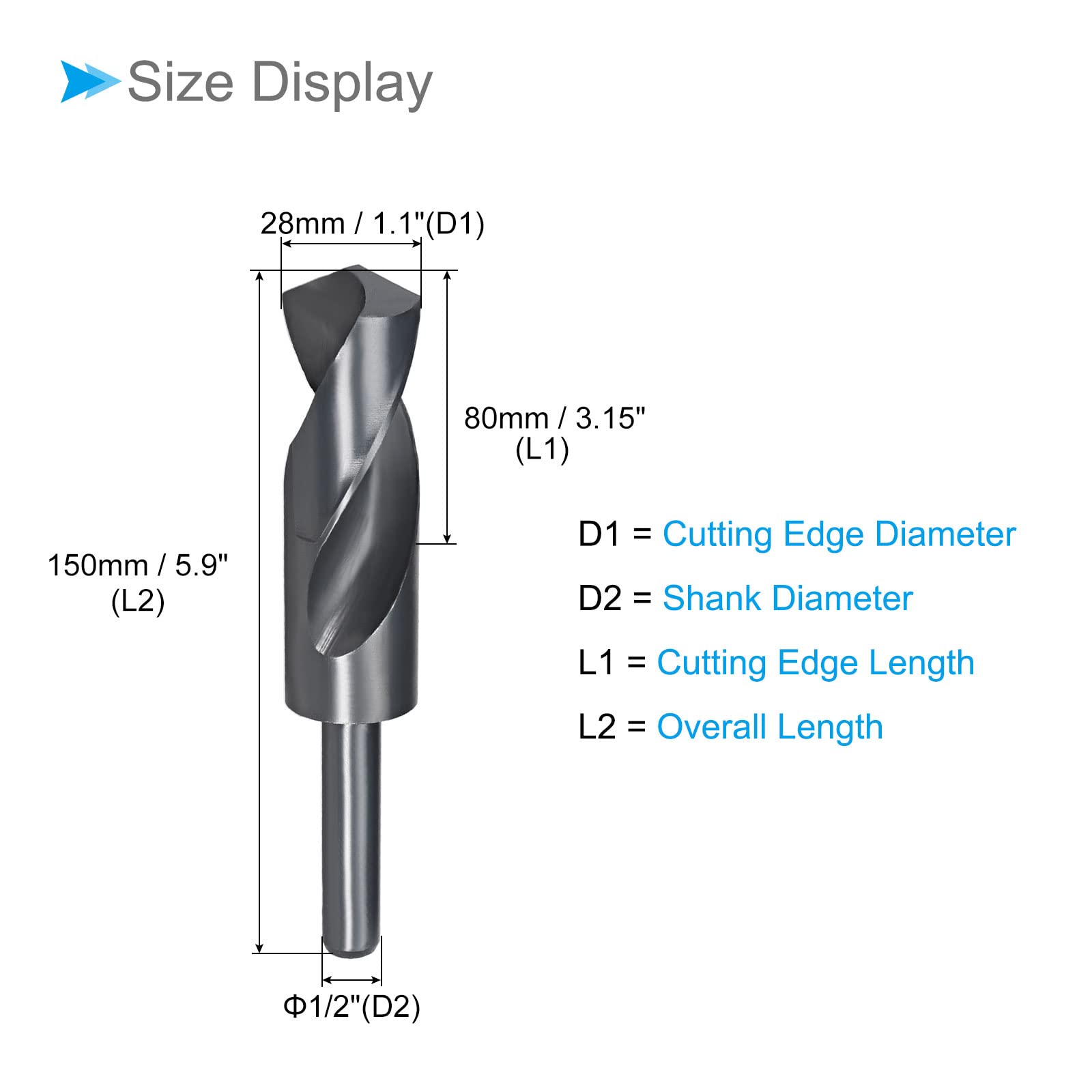 Réduit Tige Foret Mèche, 28mm Coupe Bord 1/2" Tige, Nitrure Revêtement Haute Vitesse Acier 6542 Torsion Perceuse Mèches - (Applications: pour Inox Acier Métal Bois)