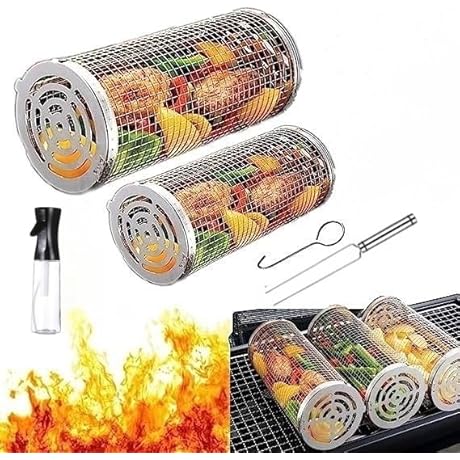 BBQ Cylinder Basket, (2-Piece Set) Stainless Steel Mesh Versatile Cylinder Grill for Vegetables Meat Fish