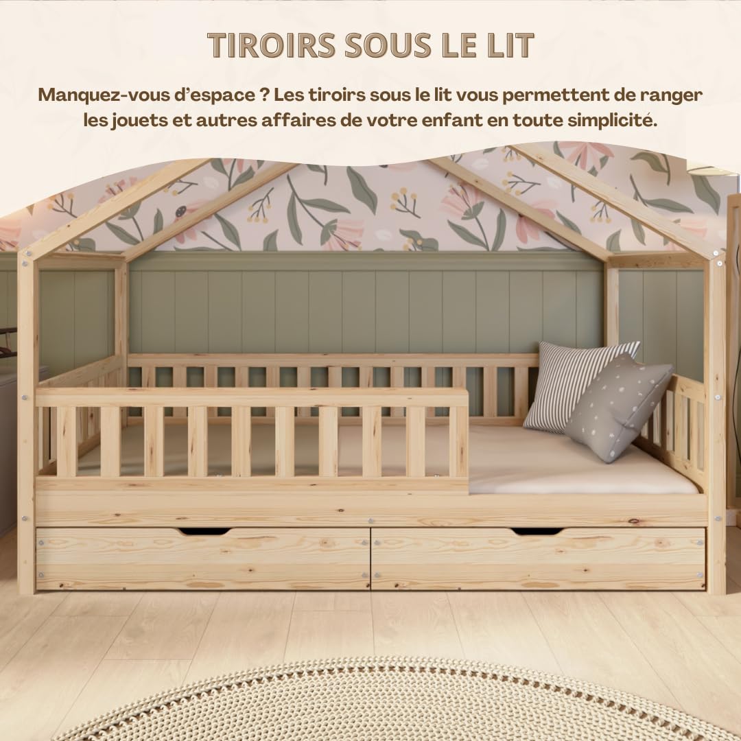 Lit Cabane avec Tiroirs 190x90 cm – Lit Enfant en Bois Naturel avec Barrière – Montessori au Sol avec Espace de Rangement Supplémentaire et Barrière Amovible - Crazy House
