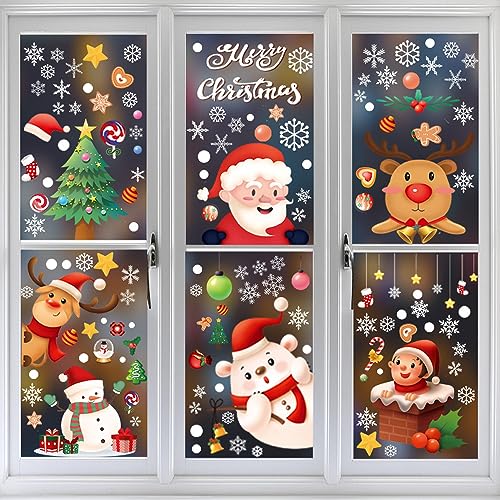 Christmas Window Clings,H HOME-MART 242 Pieces Christmas Window Stickers for Glass, 9 Sheets Xmas Christmas Window Decorations,Reusable Double-Side Window Decals (Santa Claus & Snowman)