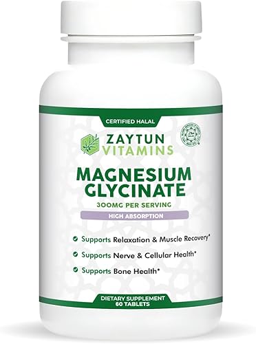 Zaytun Halal Glicinato de magnesio 300 mg, alta absorción, sin gluten y gelatina, sin OMG, vegetariano, 60 tabletas, fabricado en Estados Unidos