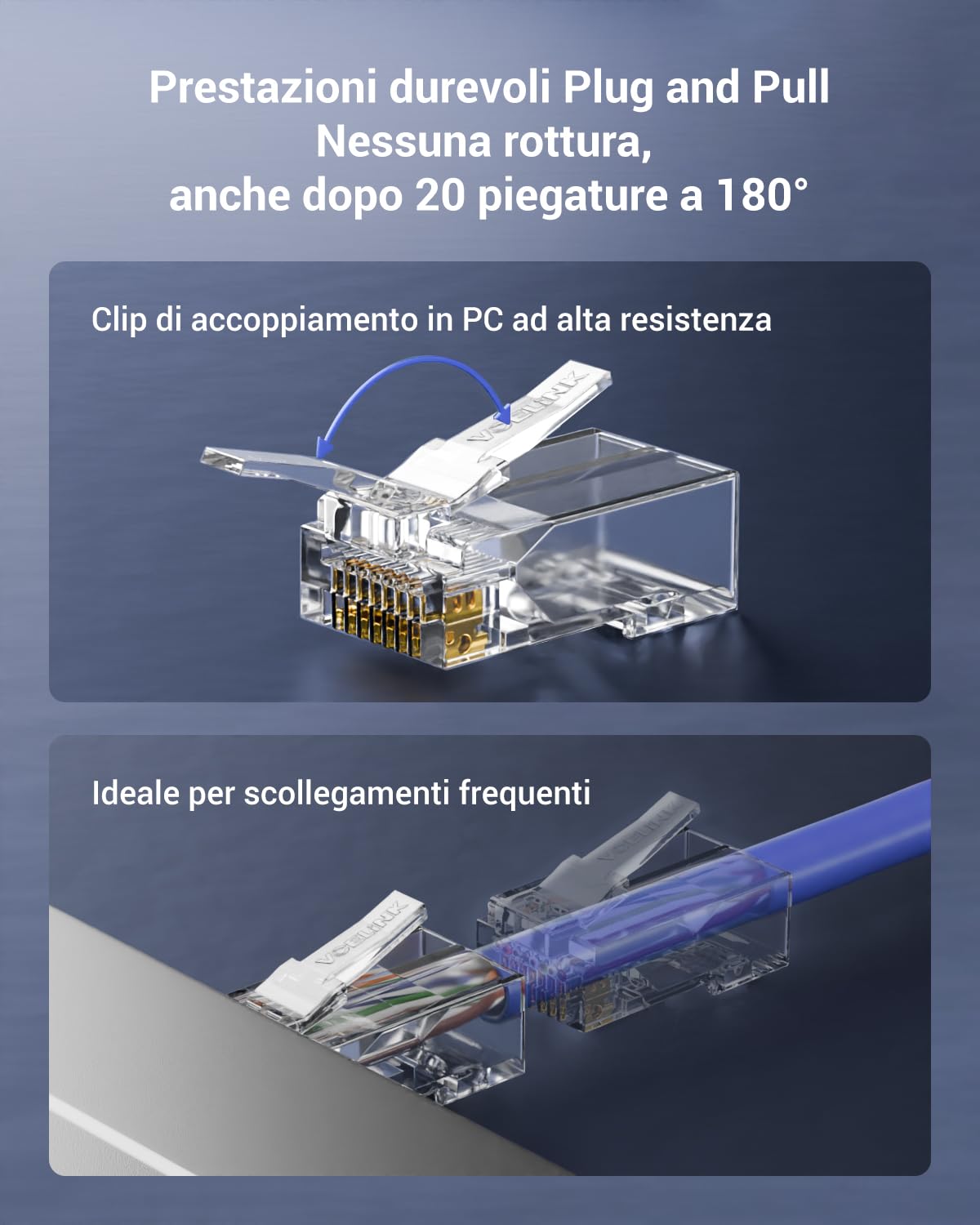 VCE Connettori RJ45 CAT6 Passanti, 25 Pezzi, Plug RJ45 3µ Placcati in Oro, Compatibili CAT6/CAT5E/CAT5, Alta Velocità 1 Gbps