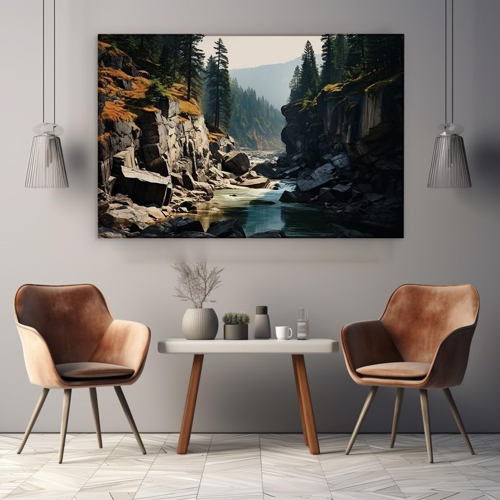 Canvas for Living room. Whispering Waters and Towering Cliffs � A Journey Through the Serene Forest Riverbanks, 27 x 18 inch Canvas Wall Art - Modern Home Decor