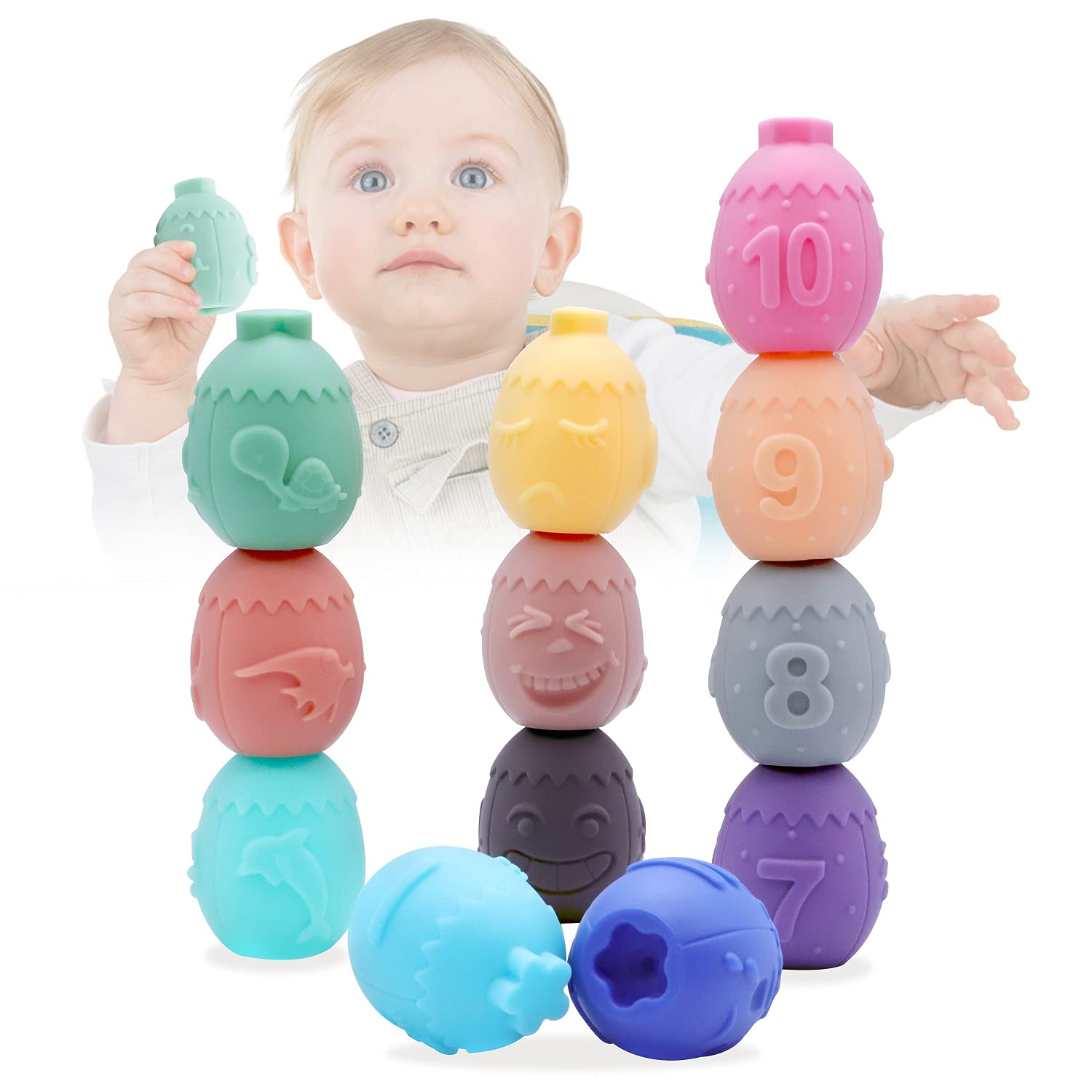 Baby Blocks Soft Building Blocks Toys Stacking Eggs Baby Toys with Numbers Animals Shapes Textures Montessori Educational for Toddler Baby 6 Months and Up 12PCS