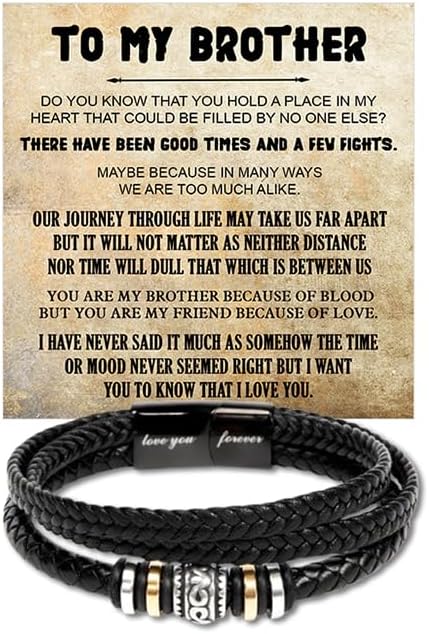 Brother Gift from Sister/Brother, Braided Vegan Leather Wristband with Message Card, Birthday/Christmas Gift