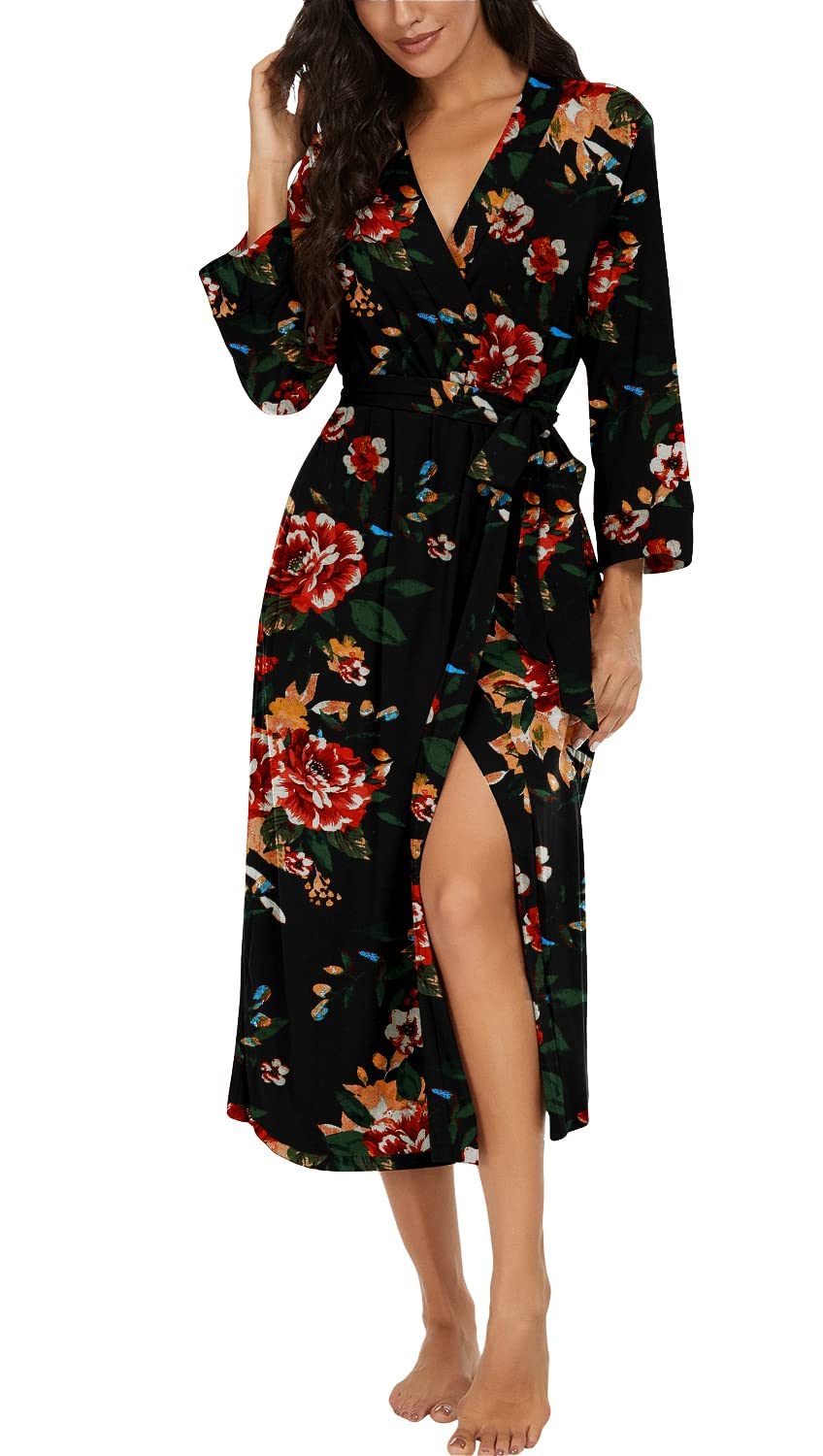 PrinStory Peignoir léger à Manches 3/4 pour Femme - Col en V - Kimono - Robe de Nuit