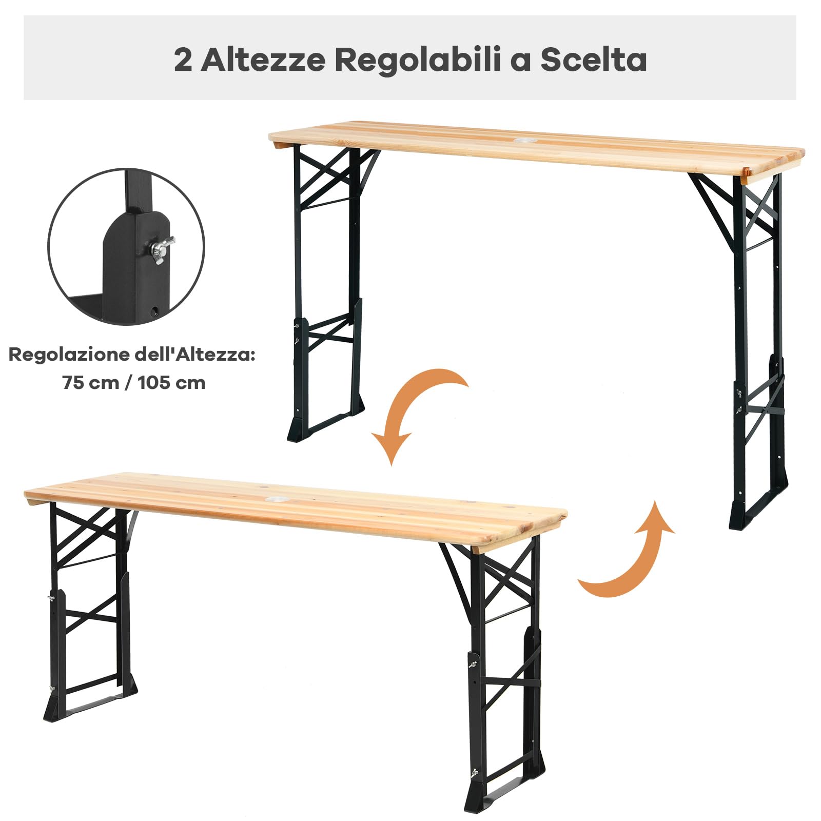 COSTWAY Tavolo da Picnic Pieghevole, Tavolo da Campeggio in Legno, con Altezza Regolabile, con Foro per Ombrellone, 168,5 x 50 x 75/105 cm, Portata 50 kg