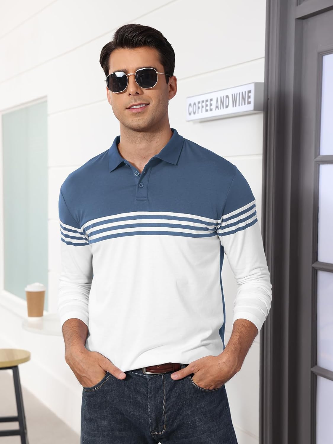 Men's Polo Shirts Long Sleeve Vintage Striped Golf Polo Casual Collared Slim Fit Cotton Shirts - Image 2