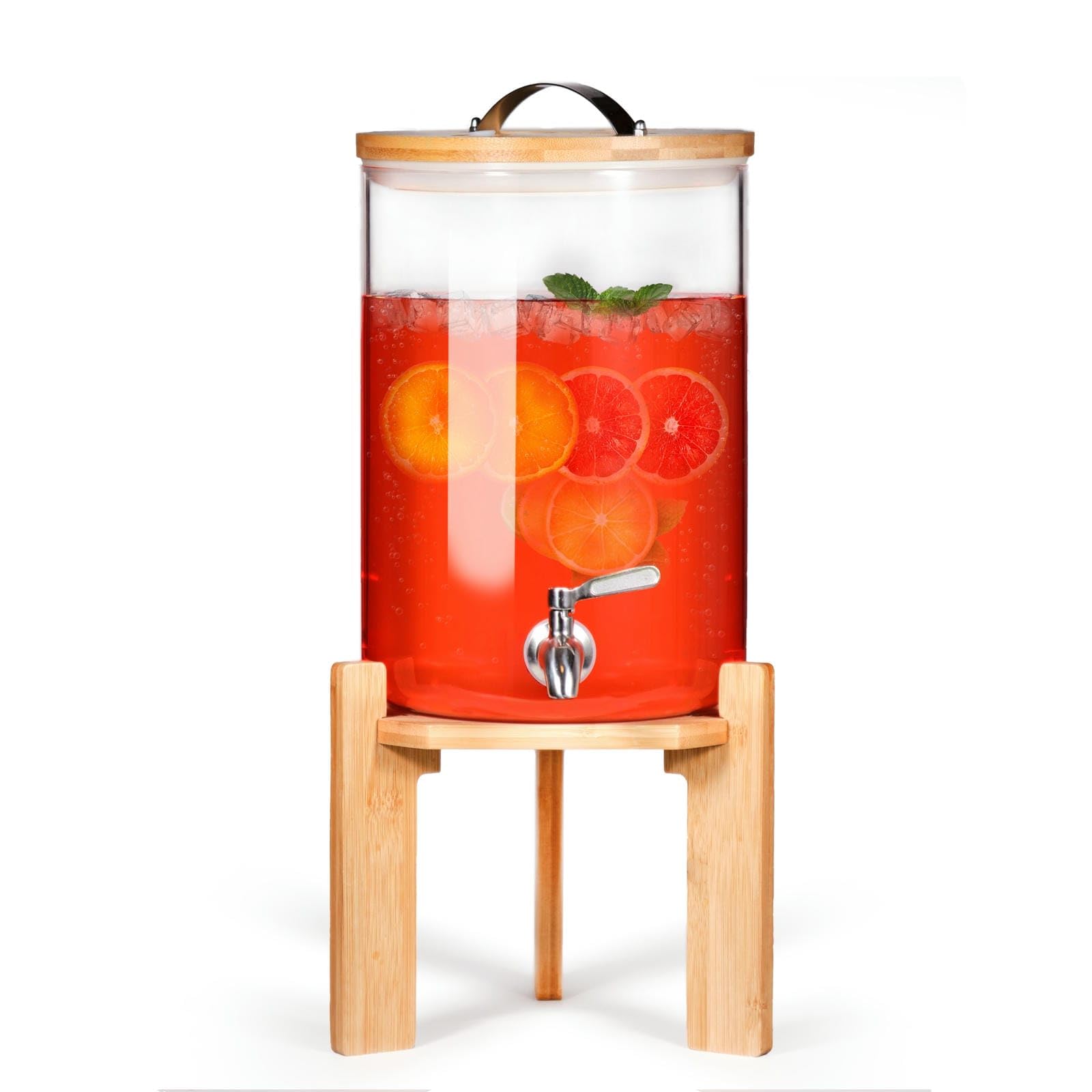 Glass Beverage Dispenser with Bamboo Stand and Lid, Iced 2.1 Gallon Drink Server with Spigot, Large Thick Glass Drink Dispenser for Parties, Hotels, Restaurants, Homes