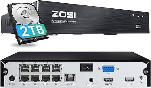 ZOSI NVR PoE 4K 8CH, H.265+ 8 puertos 16 canales 8MP grabadora de video en red para sistema de vigilancia en el hogar, disco duro de 2TB