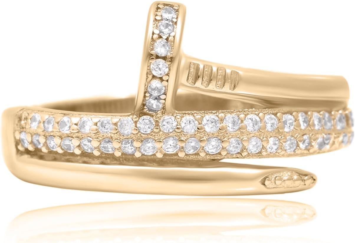 Women’s 925 Sterling Silver Wrap Nail Ring |18K Gold Plated with Cubic Zirconia | Designer-Inspired Adjustable Minimalist Jewelry Gift for Her | Sizes 5–12