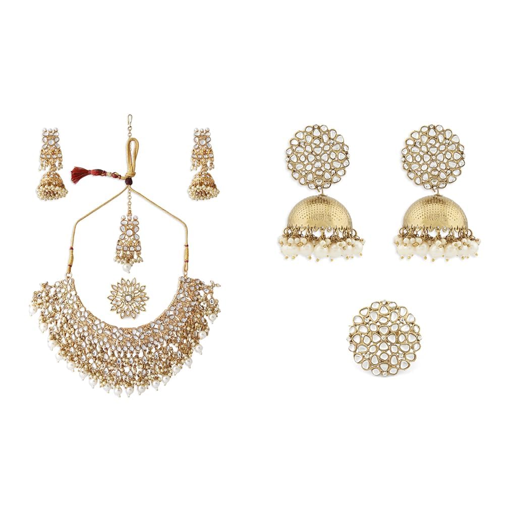 ZAVERI PEARLS Gold Tone Kundan Choker Necklace Earring Maangtikka & Ring Set For Women-ZPFK10799 Antique Gold Tone Traditional Kundan Jhumki Earring & Ring Set For Women-ZPFK13163