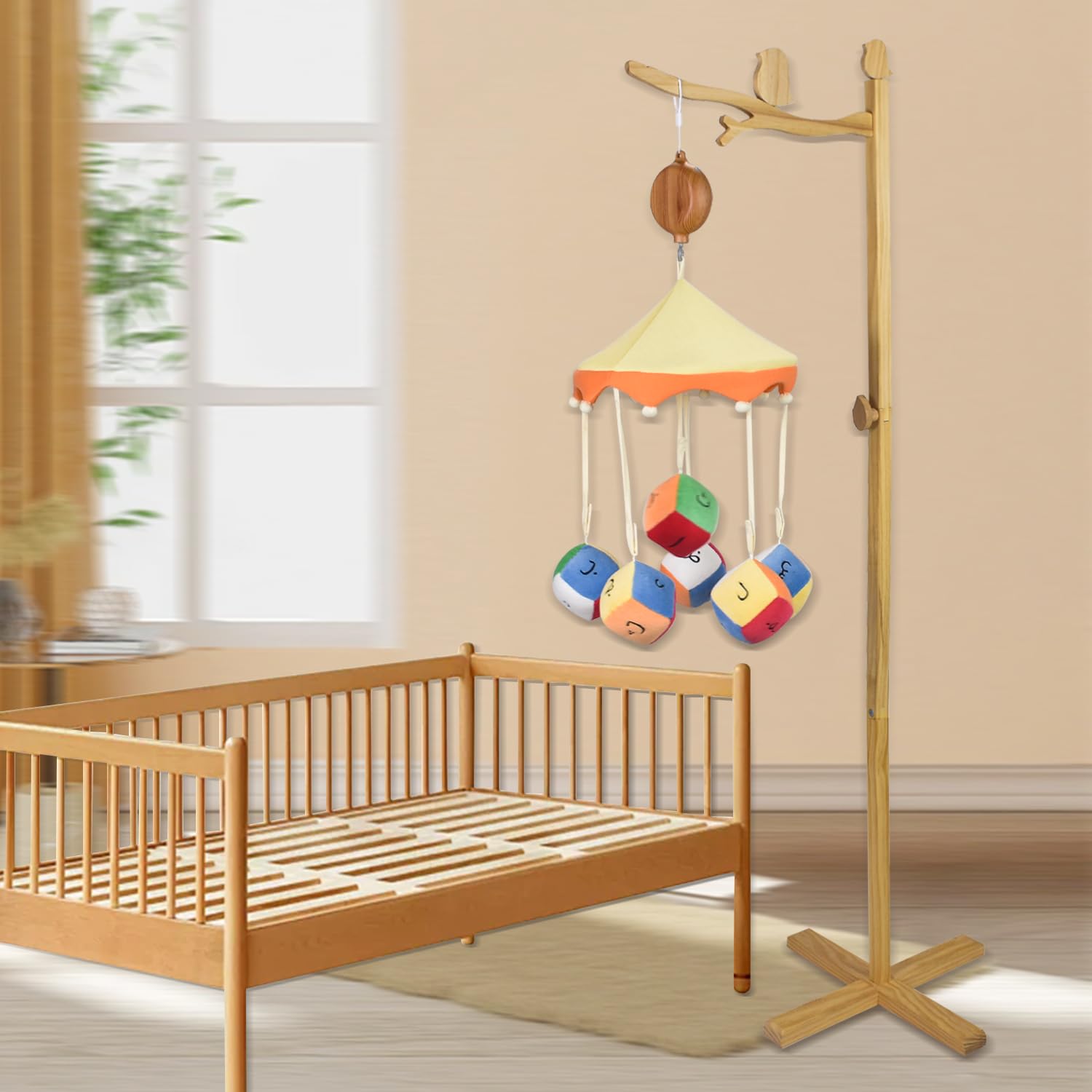 Mobile da pavimento in legno per culla, braccio mobile per culla da 142,2 cm, decorazione in legno, gancio mobile mobile per bambini con forte attacco antidumping