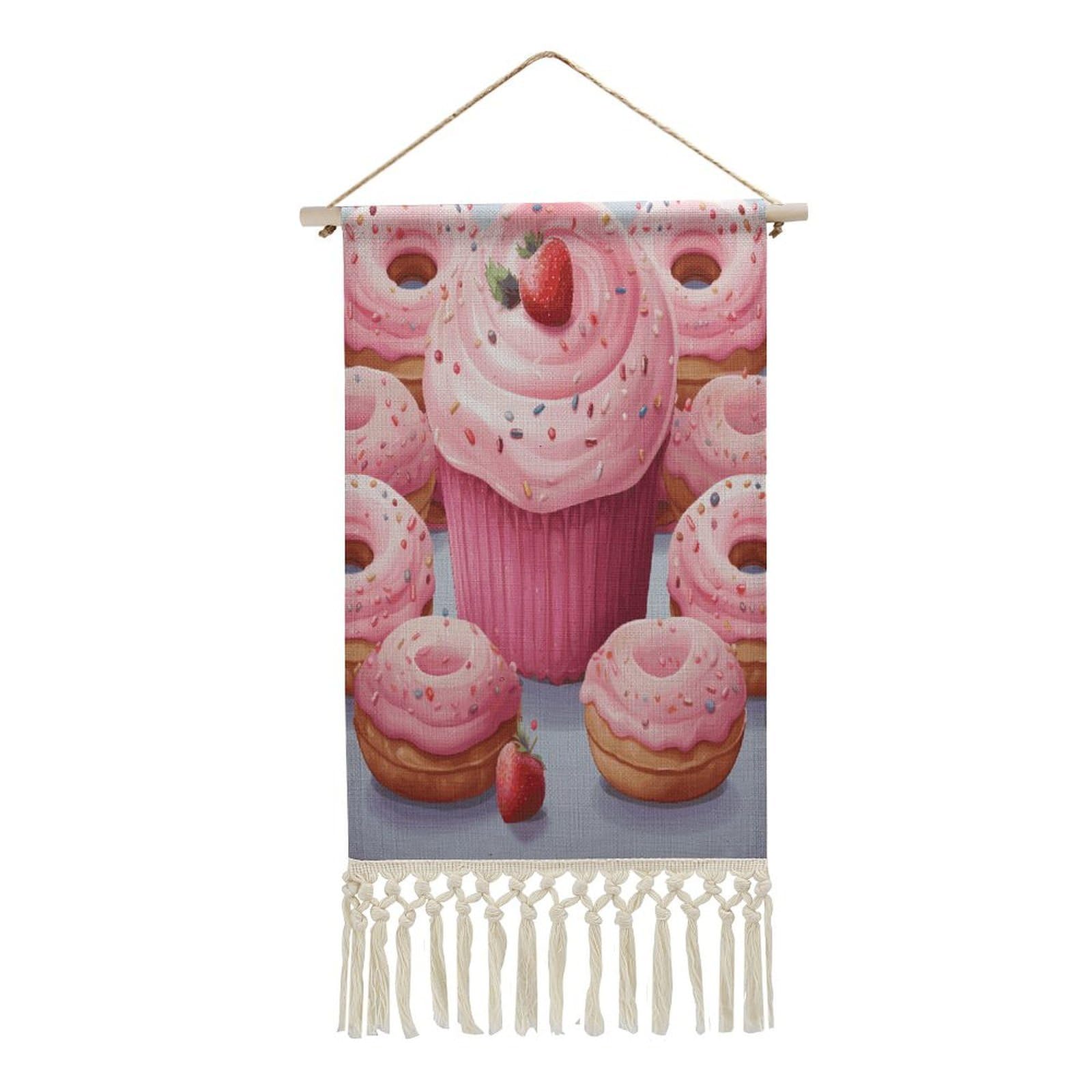 VstaDank Pink Donut And Cupcake Wall Art Decor with Tassels 20"x10" Cotton Linen Hanging Tapestry Decor Wall Art Prints Wood Frame Boho Wall Art Poster for Bedroom Living Room Office