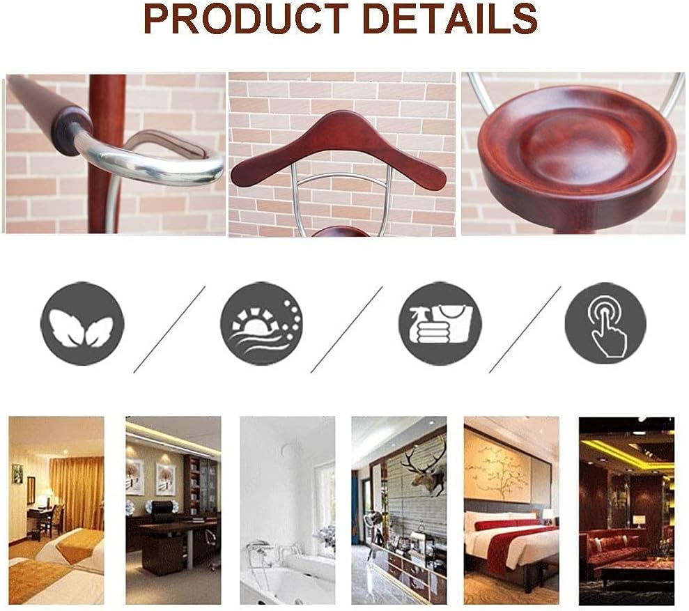 Coat Rack, Clothes Valet Stand Freestanding Standing Suit Hange Valet Stand Round Storage Tray and L-shaped Hanger Unisex Metal and Wood Mute Available - 138 x 35CM Solid Wood