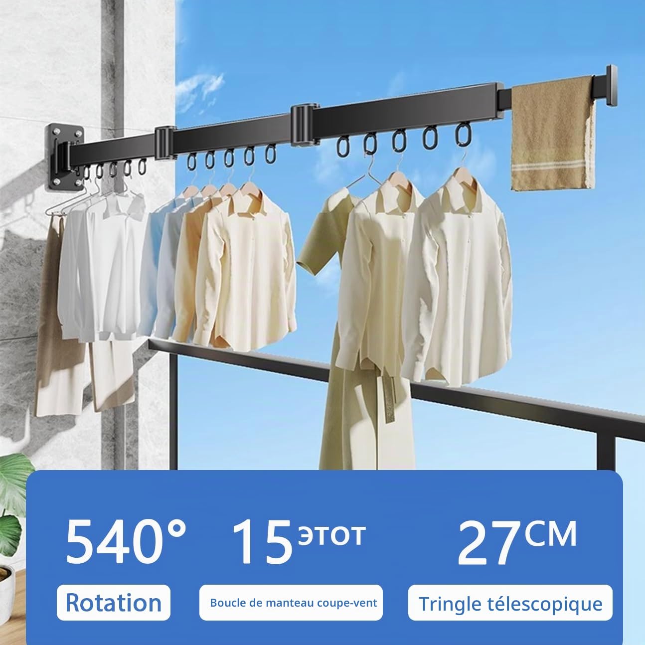 Étendoir à Linge Mural Pliable et rétractable de 128 cm, 3 étendoirs, Gain de Place, idéal pour balcons, salles de Bain et buanderies, Noir