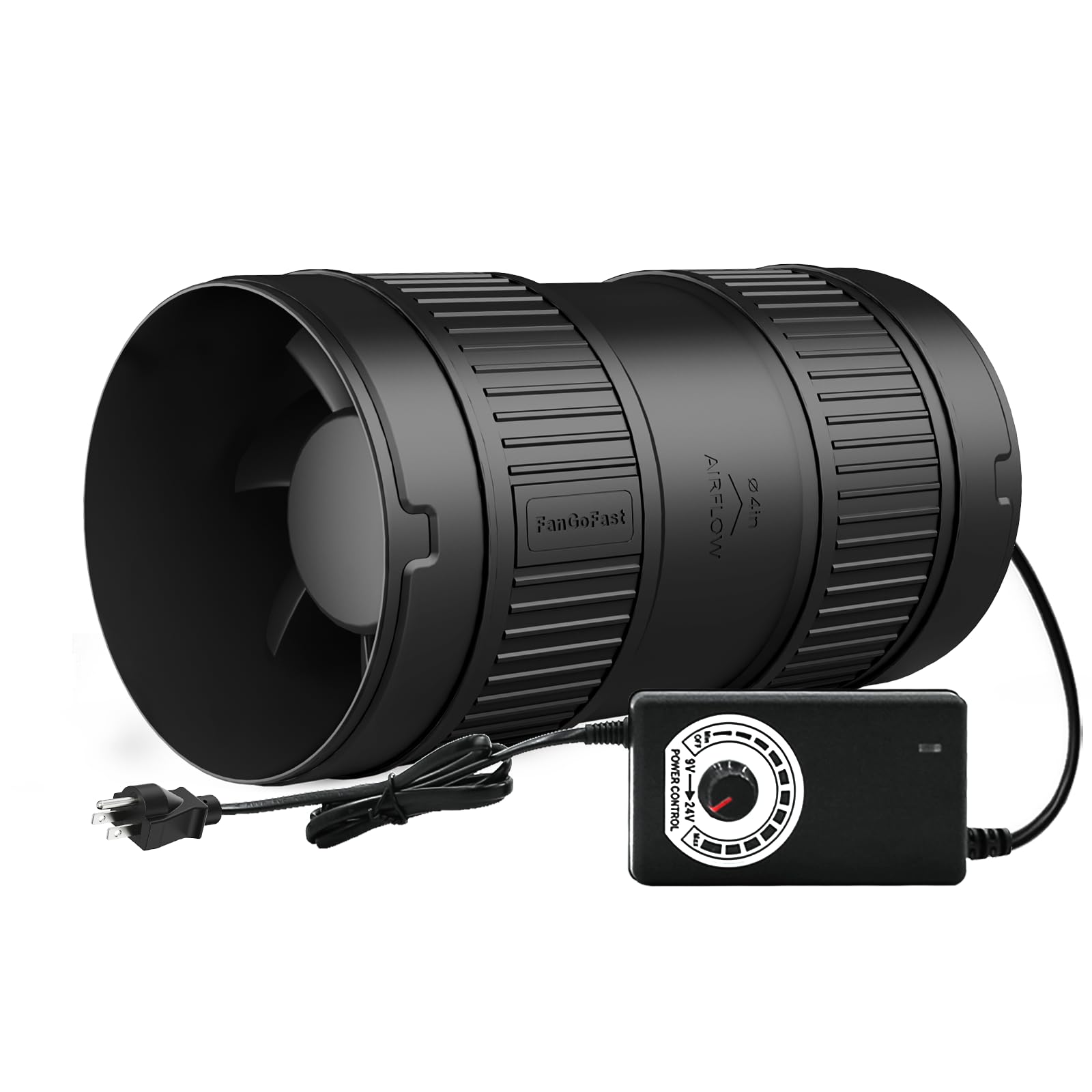 FanGoFast 4 Inch Inline Duct Fan 130CFM Airflow with Stepless Speed Control Low Noise Energy Saving Ventilation Booster Fan for Grow Tents,Workshops,Basements