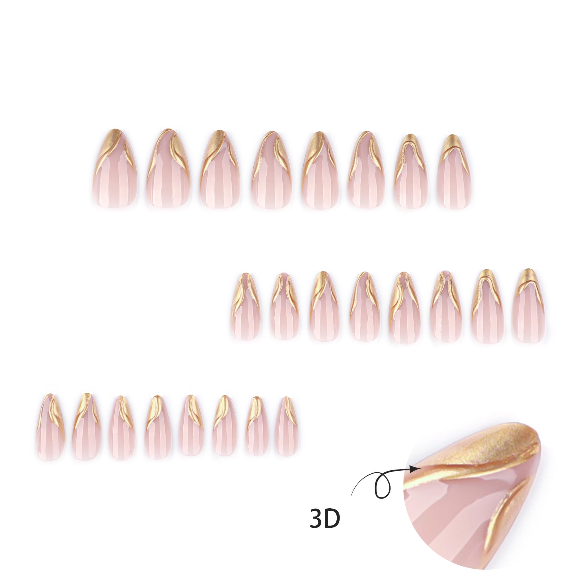 KaleidNail Nude Almond Press on Nails 24 PCS Glossy Gold False Nails Medium Length Fake Nails Full Cover Stick on Nails Art for Women and Girls Daily Decoration - Image 3