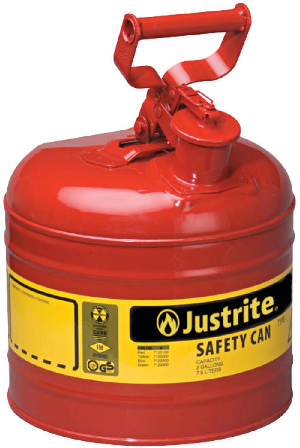 Justrite7120100 - Galvanized Steel, Type I Red Safety Can, With Large ID Zone, Meets OSHA & NFPA Standards For Handling Hazardous liquids. 2 Gallon (7.5L) Size.