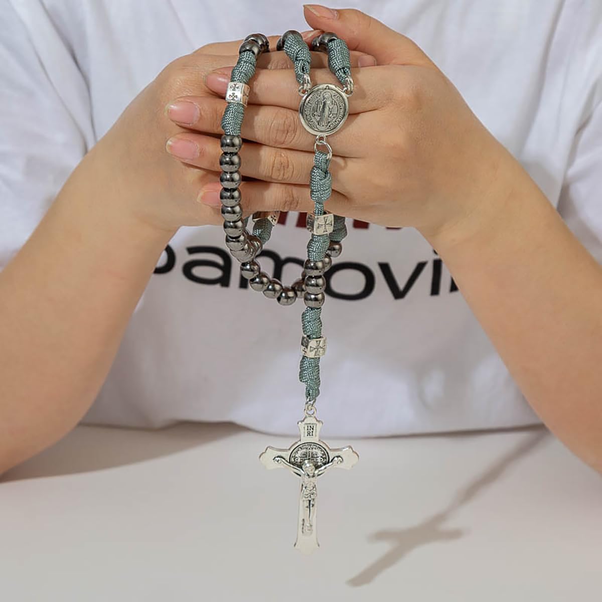 Large and Heavy Stainless Steel Beads Rugged Durable Paracord Rosary Necklace for Men with St.Benedict Center and Pardon Crucifix - Image 7
