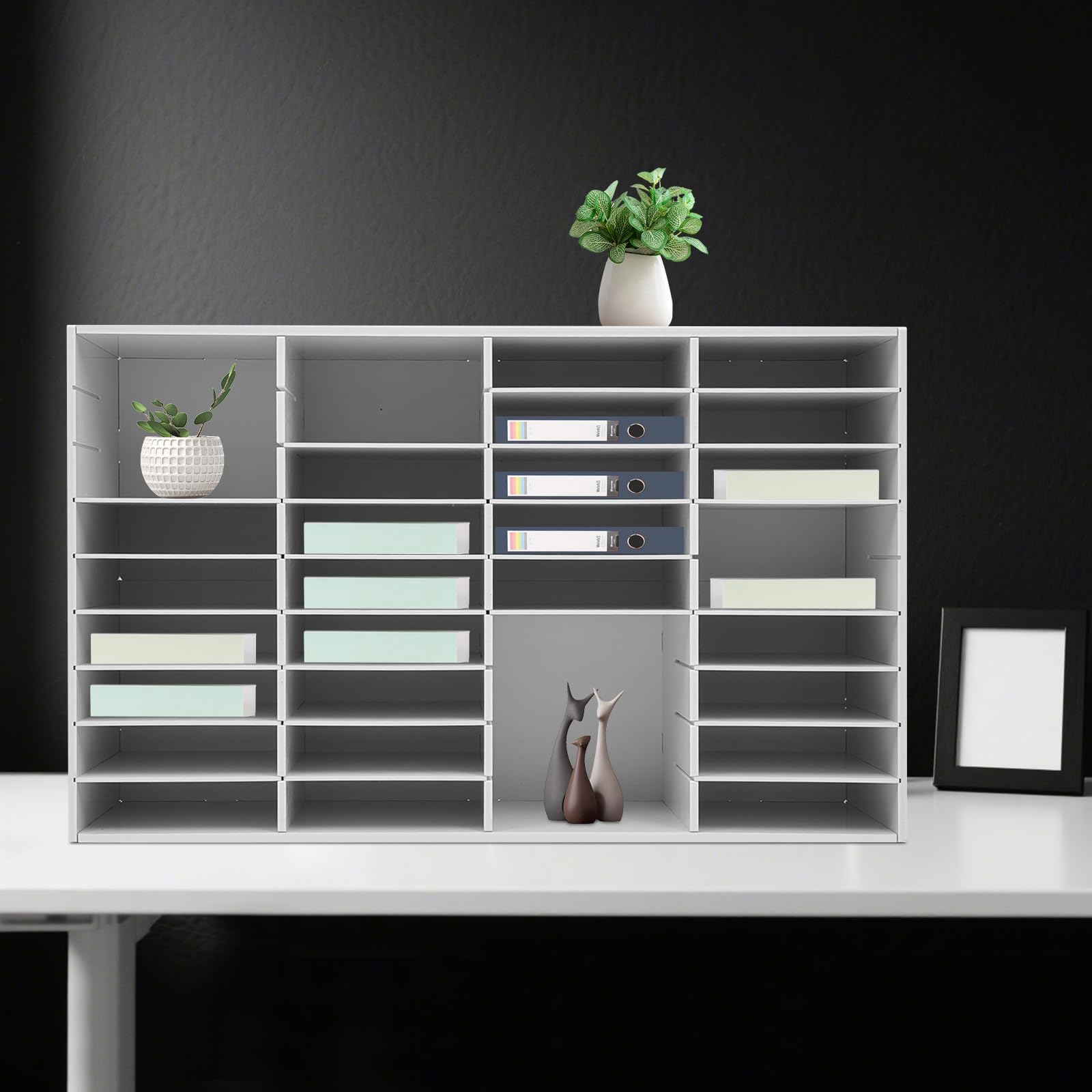 Sistema di archiviazione da scrivania stabilizzato bianco con 36 scomparti singoli, grande capacità, organizer per documenti, ufficio, per raccoglitori di carta, fogli, casa, ufficio, accessori