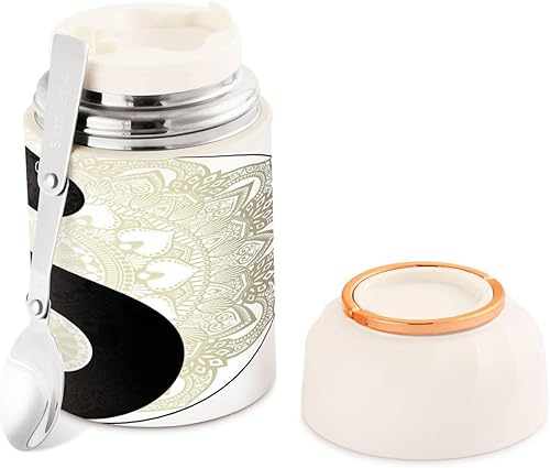 MCHIVER Yin Yang Mandala - Tarro de comida con cuchara de acero inoxidable aislado al vacío, contenedor de alimentos de 17 onzas, termo para adultos
