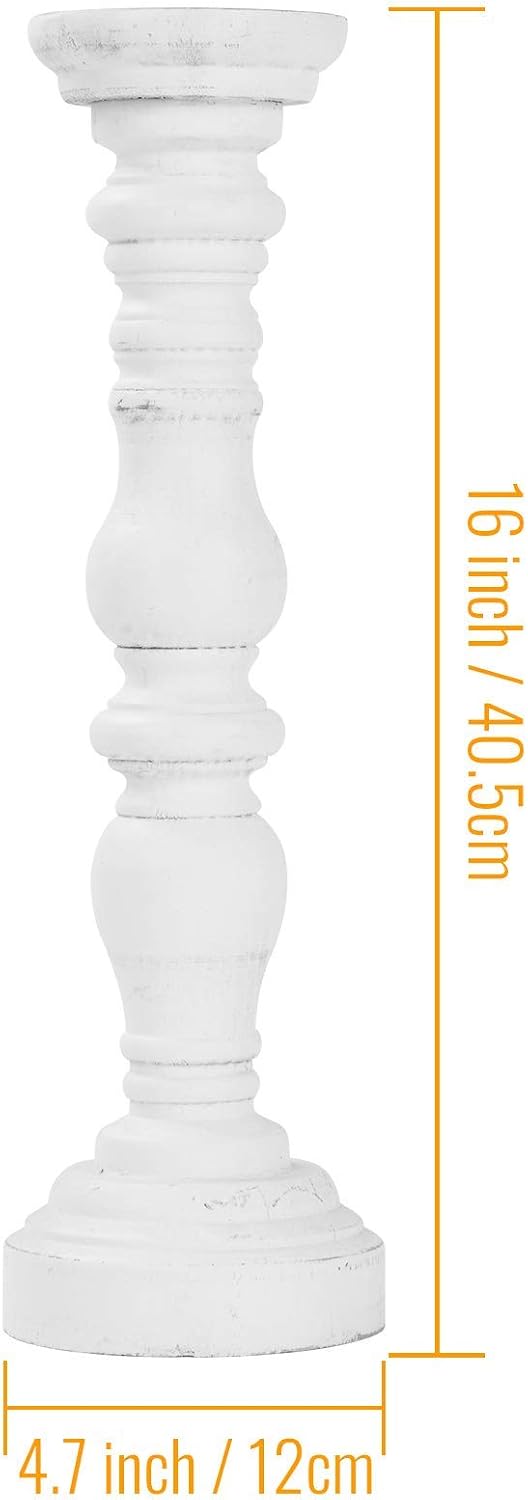 Farmhouse Rustic Candle Holder for Pillar Candle, Vintage White Wooden Pillar Candle Holder, Vintage Candlestick Holder for Dining Table, Coffee Table, Or Any Table Top (1Piece, 4.7" x 4.7" x 16")