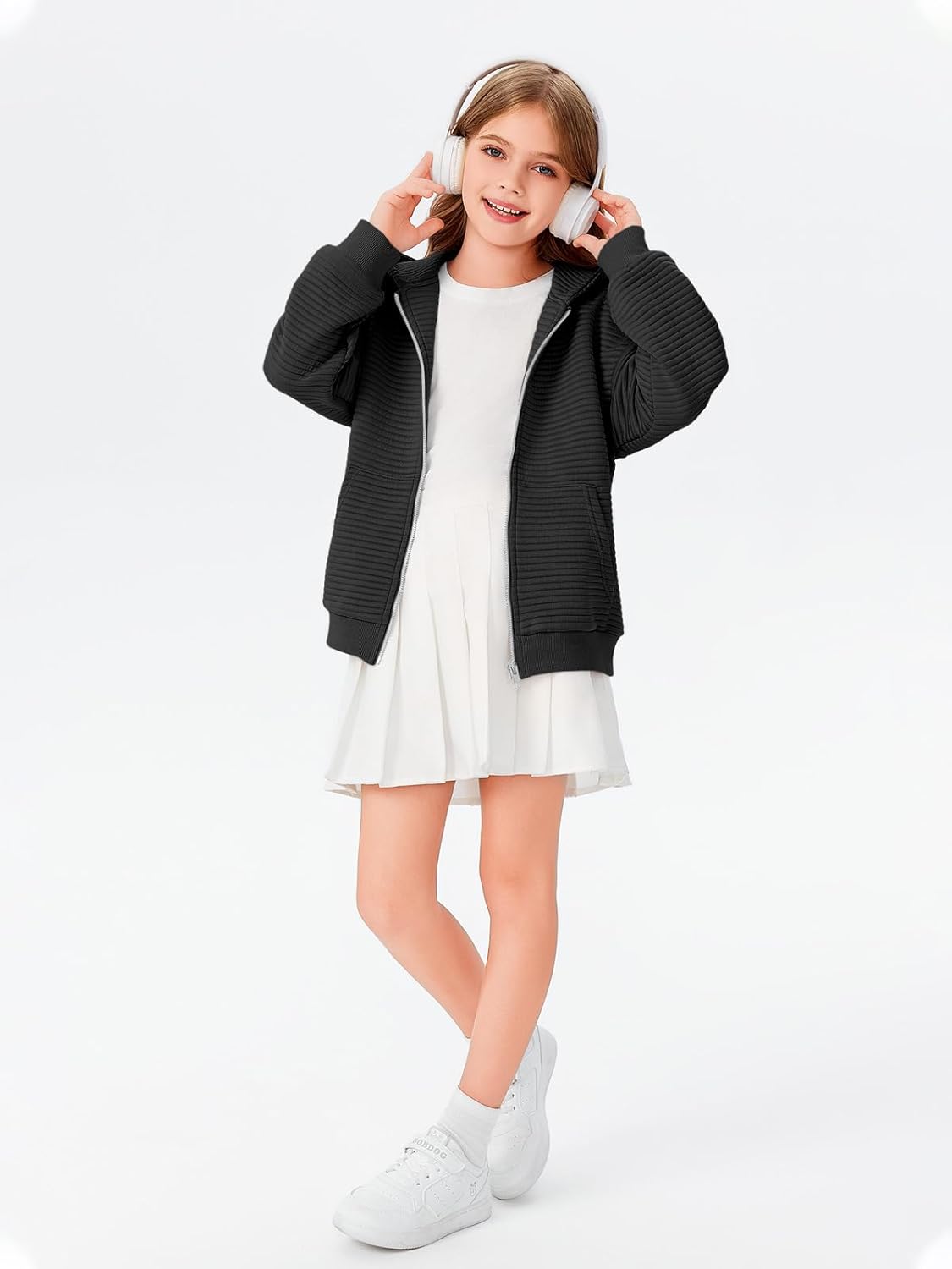 Haloumoning Girls Zip Up Hoodie Kids Fashion Oversized Textured Sweatshirt Jacket with Pockets 5-14 Years - Image 2