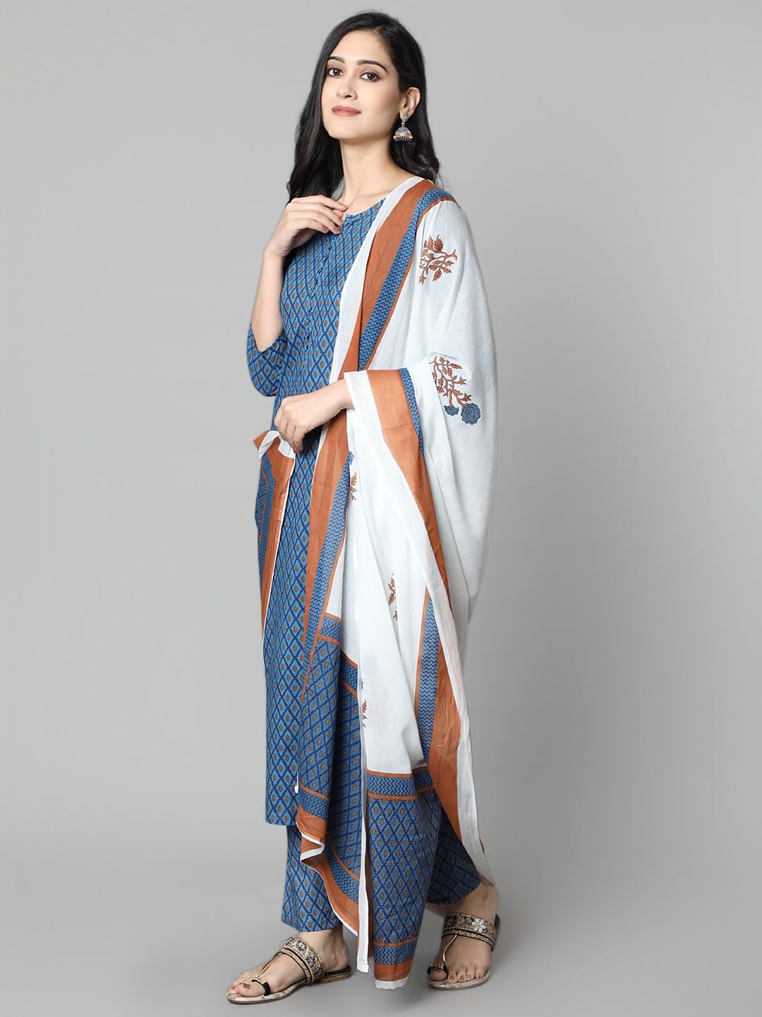 Kurta Set für Frauen mit Dupatta formelle Party Wear Kleid indische Kleidung Casual Silk Blend Tunika Tops - Blau