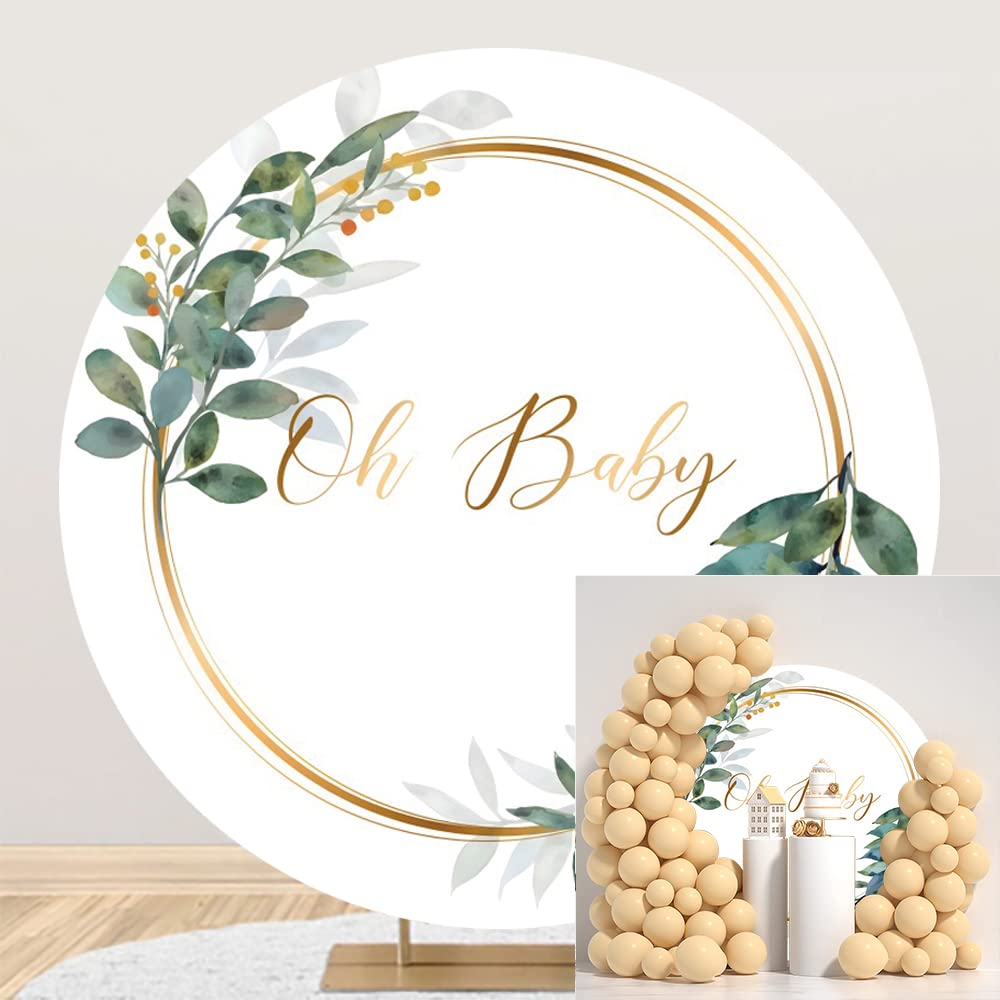 OERJU Oh Baby Round Backdrop Cover Greenery Baby Shower Round Backdrop Green Eucalyptus Newborn Baby Shower Gender Reveal Party Decoration Circle