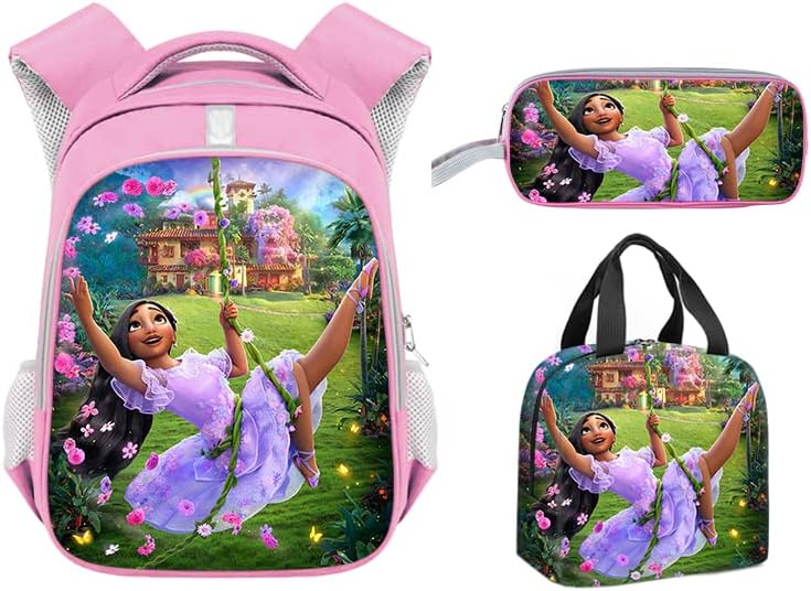DXYYAZI Mochila rosa, con impresión 3D de dibujos animados, anime, Mirabel, bolsa de almuerzo, estuche combinación-F, Pink Set-3