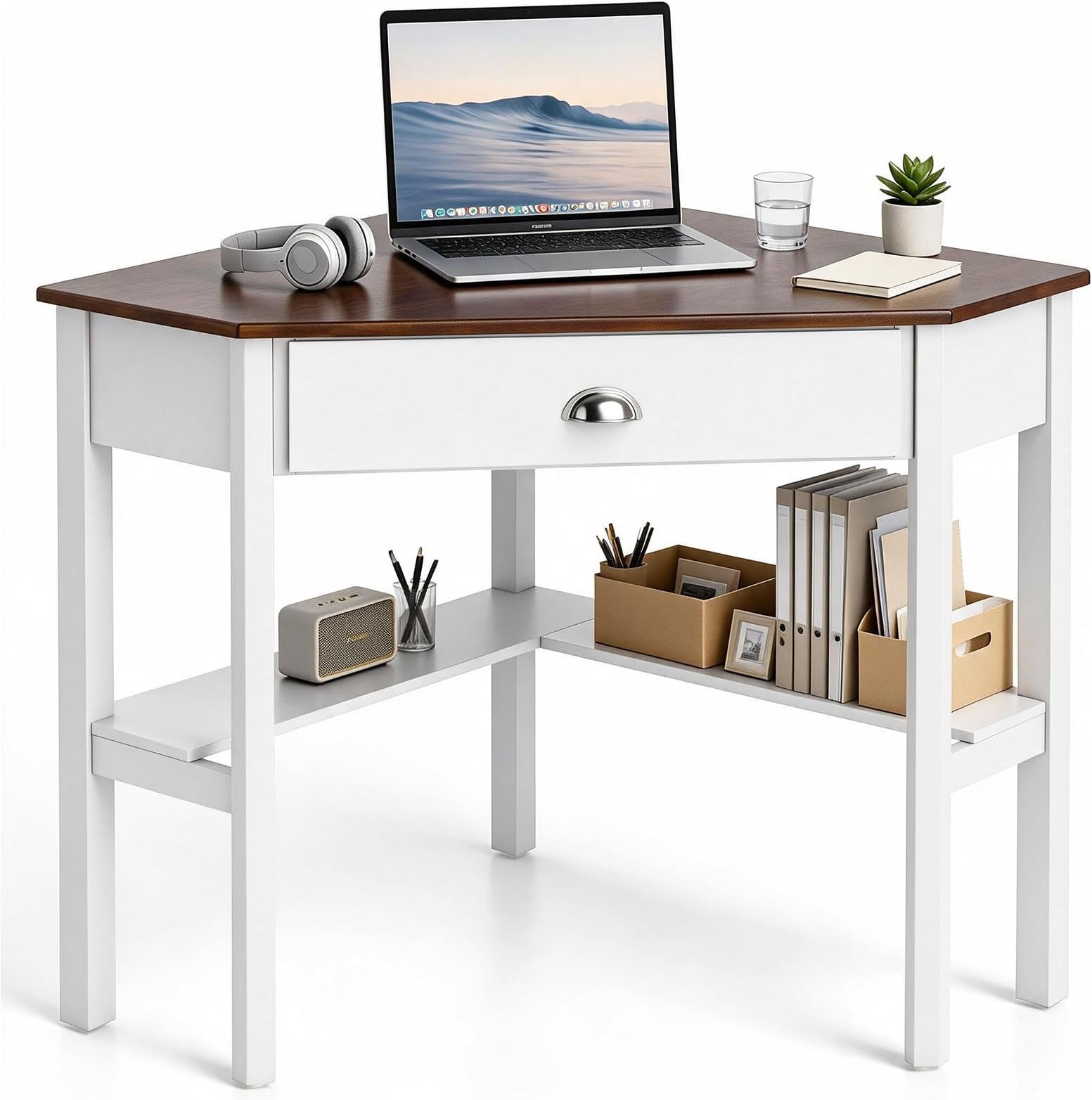 Tangkula Corner Computer Desk, Wooden Home Office Table, Natural & White