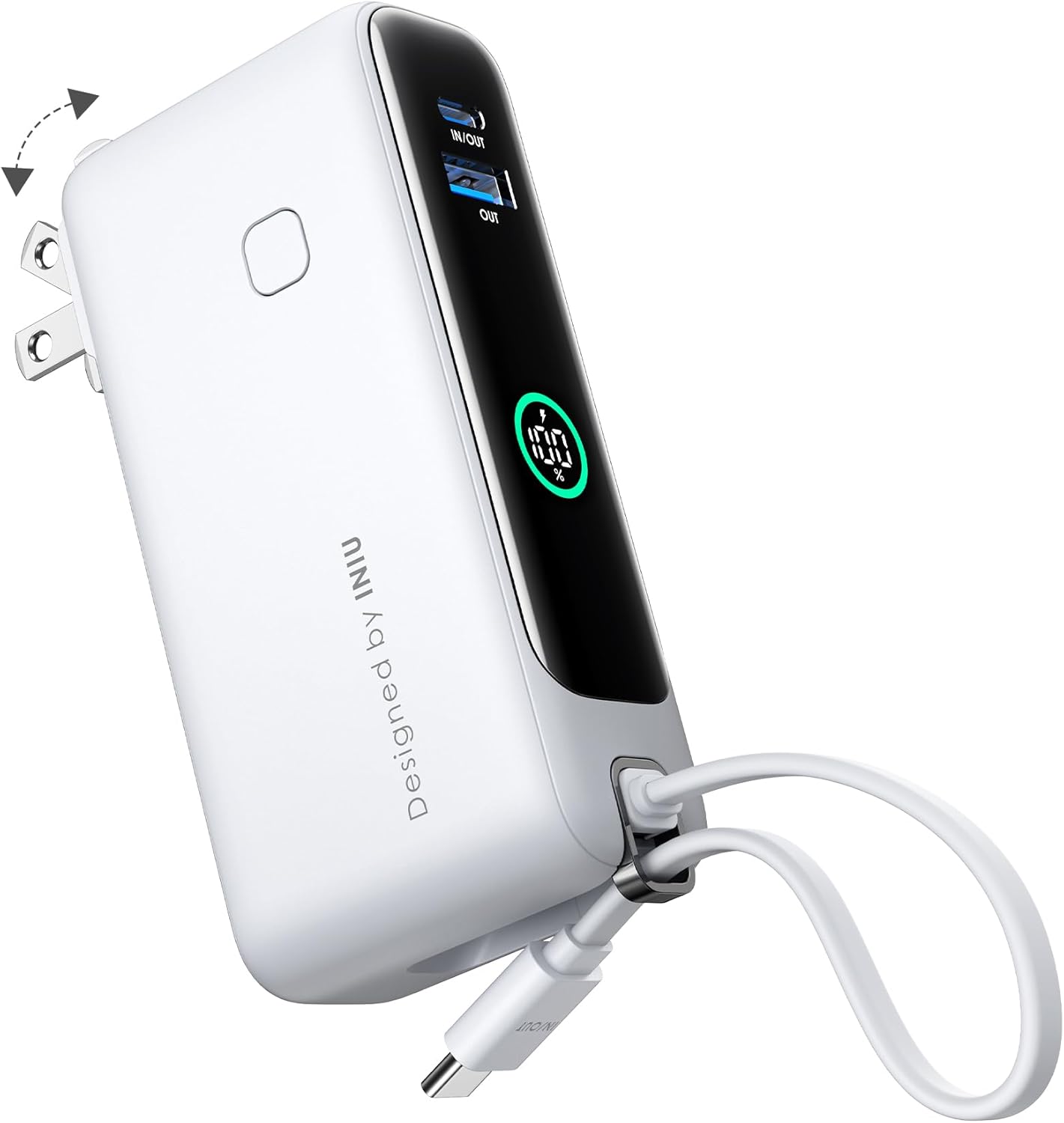 INIU 3-in-1 Portable Charger, Small 10000mah 30W Fast Charging Power Bank with Built-in USB C Cable and Foldable AC Plug, Flight Cruise Ship Travel Phone Charger for College Students Boys Girls, White