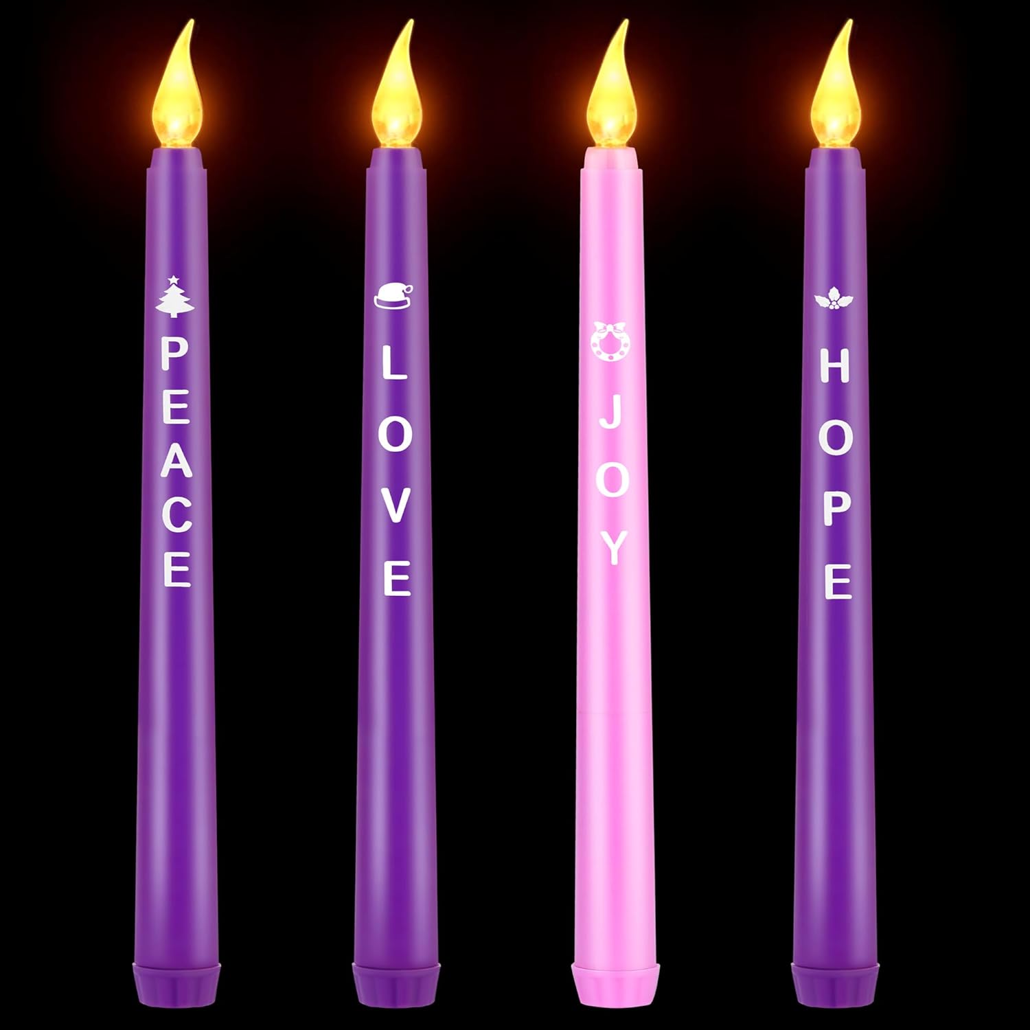 Fovths 4 Pack Christmas Advent Candles with Words Flameless Advent Candle LED Taper Candles Flickering Window Celebration Candles for Christmas Wreath Advent Holiday Decor, Pink, Purple