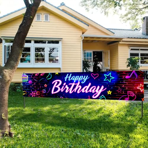 Image of Neon Happy Birthday Outdoor Banner 78.7 x 17.7 Inch Colorful Glow Letters with Music Notes Stars and Hearts Pattern Party Decoration for Yard Garden Fence Porch Patio or Outdoor Celebration Display