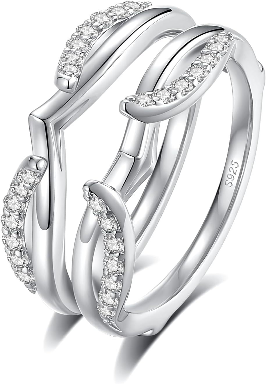 Moissanite Ring Enhancer for Women, Curved Wedding Band Guard Ring 925 Sterling Silver 18K White Gold Plated Round Cut D Color VVS1 Moissanite Double Enhancer for Engagement & wift Gift