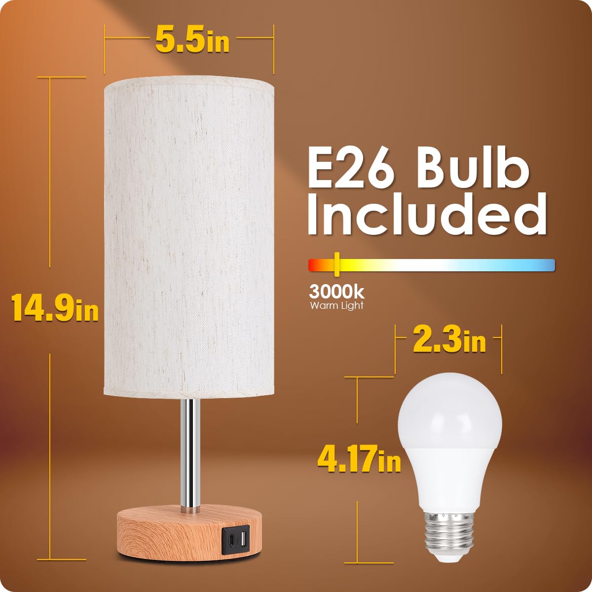 Yarra-Decor Lámpara de cabecera con puertos de carga USB A+C juego de dos - lámpara de mesa de control táctil para madera Lámpara de soporte de noche regulable de 3 vías con pantalla de tela redonda