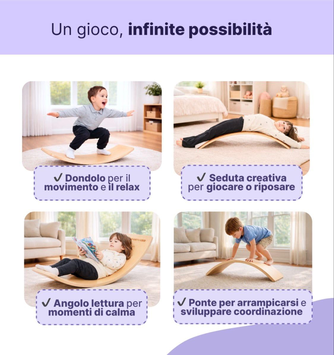 WOODYLAND Tavola di Equilibrio per Bambini, Ispirazione Montessori, Balance Board Fly in Legno Naturale, Tappetino Antiscivolo in Feltro, 80 x 30 cm