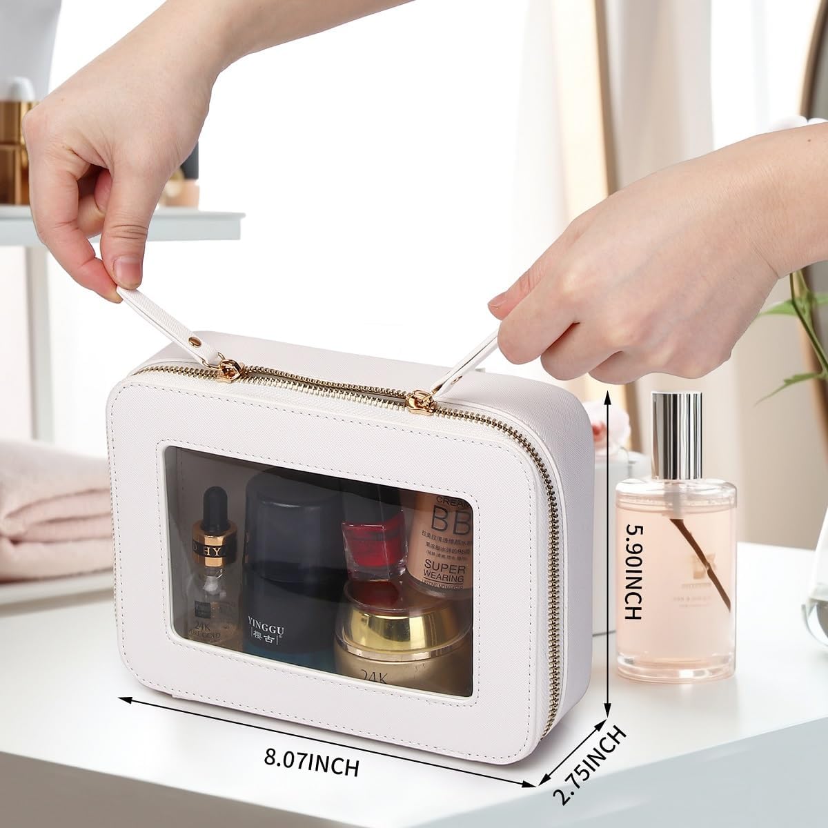 Clear Makeup Bag Set Portable Travel Cosmetic Bag and Toiletry Bag Women's Purse Pouch Cosmetic Stroage Organizer Bag with Zipper Car Essentials (White, M+Mini) - Image 5