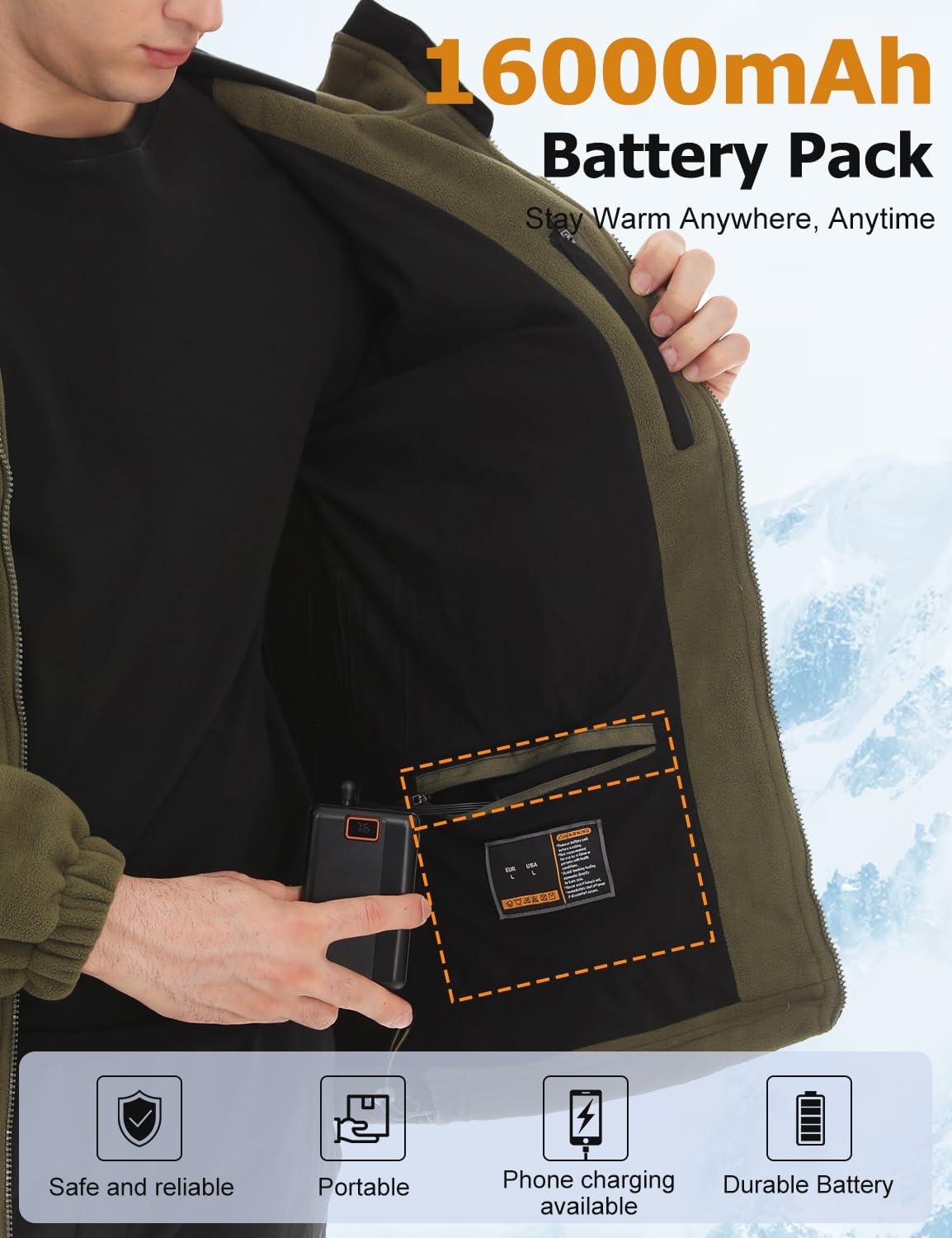 Mens Heated Jacket, Fleece Hoodie Coat for Men Women with 16000mAh Battery, 6 Heating Zones, 3 Temp Levels - Image 6