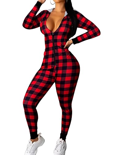 Ekouaer Christmas Onesie Women Sexy Pajamas Zipper Halloween Onepiece Bodycon Outfit Jumpsuit Costume S-XXL - Small - Plaid Print