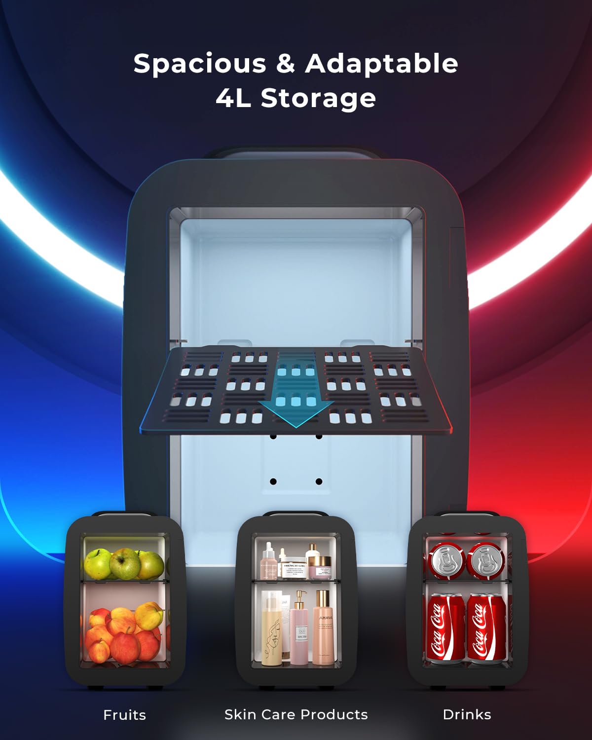 BEICHEN Mini Kühlschrank, 4L / 6 Dosen Leise Minikühlschrank, 7 RGB Lichtmodi, 2in1 Kühl- und Warmhaltefunktion für Getränke & Skincare, AC 220V / DC 12V, Mini Fridge für Gaming, Büro, Auto (Schwarz)