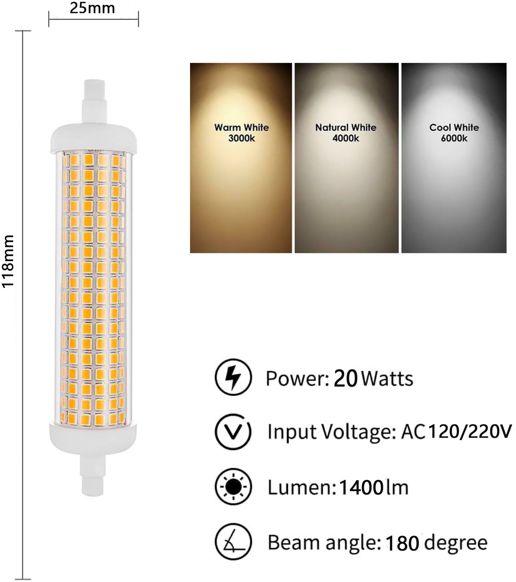 BBPM Żarówka LED R7S 118mm, żarówka liniowa 20W R7S 118mm, ciepła biel 3000K, R7S LED 118mm 20W odpowiednik lampy halogenowej 200W, do reflektorów, kinkiet, 4 szt.,Cool white 6000k,20W 220V
