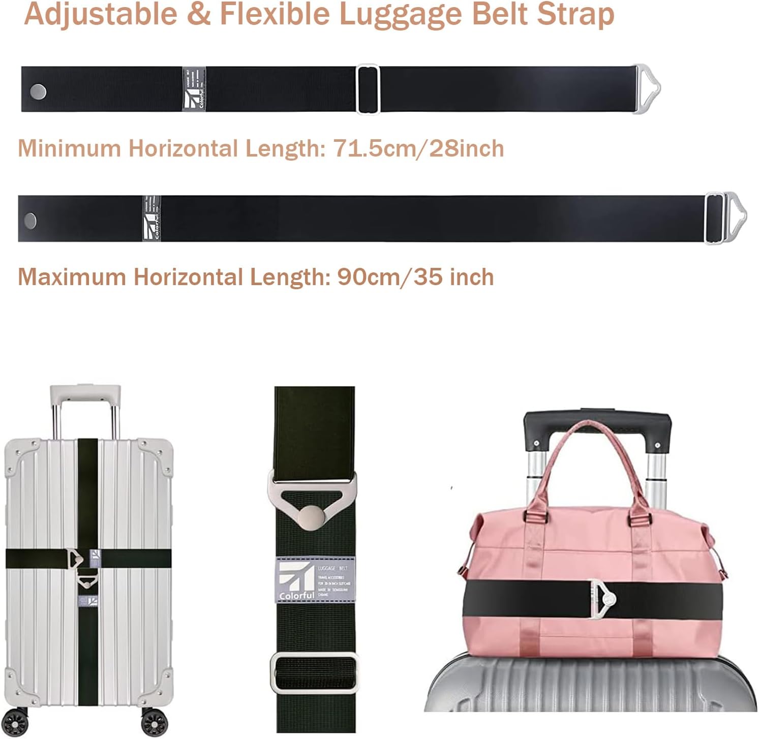 Adjustable Luggage Strap for Suitcases Over Handle Add a Bag Elastic Travel Belt for Luggage Carry On Bag with Alloy Buckle Hands-Free Airport Travel Trips Accessories (Black)