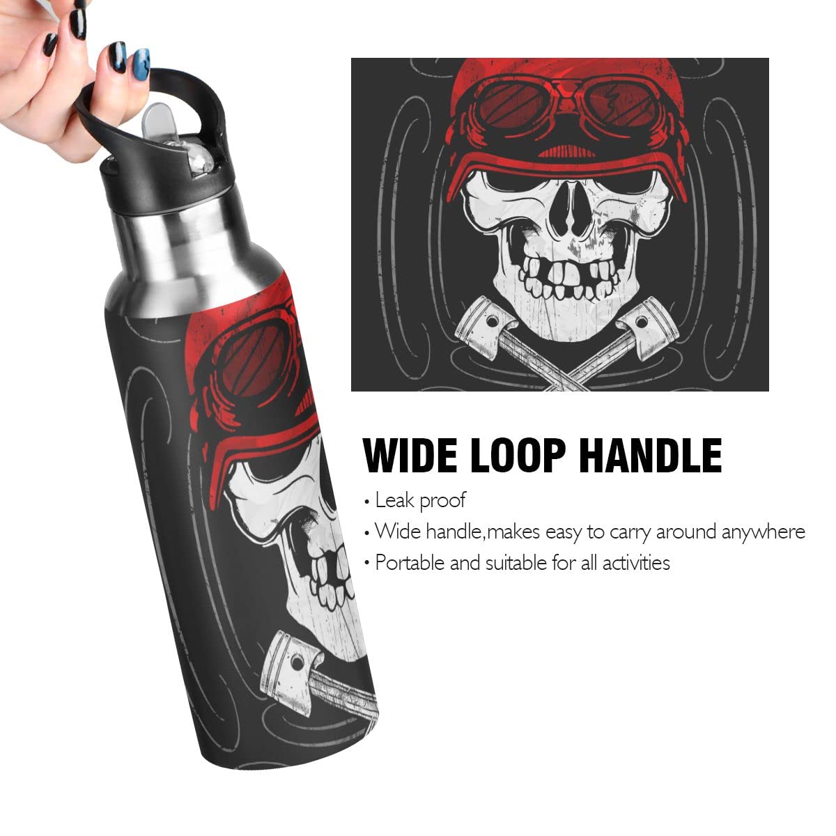 Edelstahl Wasserflasche mit Strohhalm, Halloween Totenkopf Isolierte Trinkflasche Sport Wasserflasche für Kinder Erwachsene, auslaufsicher, 1L